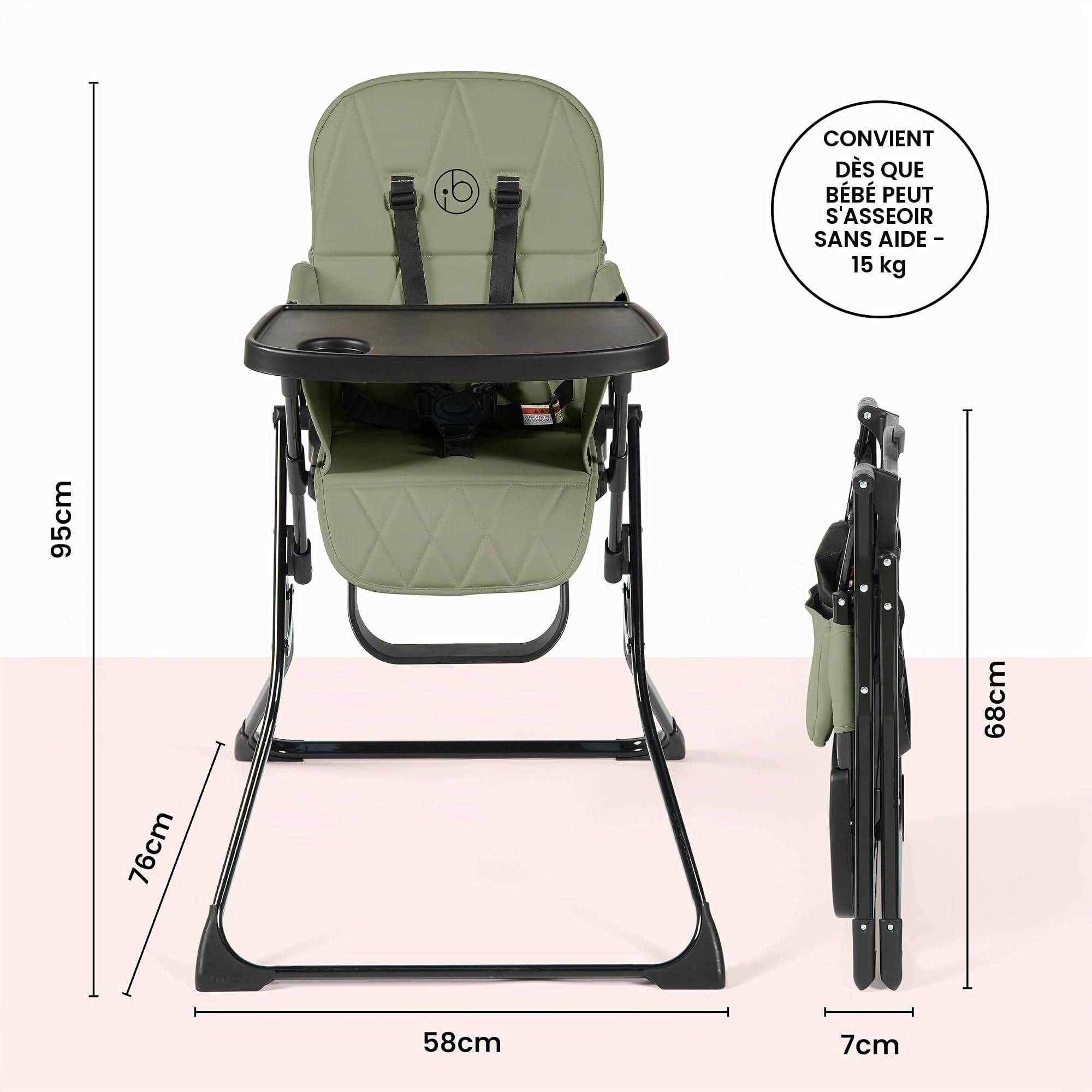 Ickle Bubba Flip Magic Chaise haute pliable (vert sauge) – Convient aux pesant jusqu'à 15 kg, harnais de sécurité à 5 points, plateau amovible, pliage rapide d'une seule main, design compact et fin