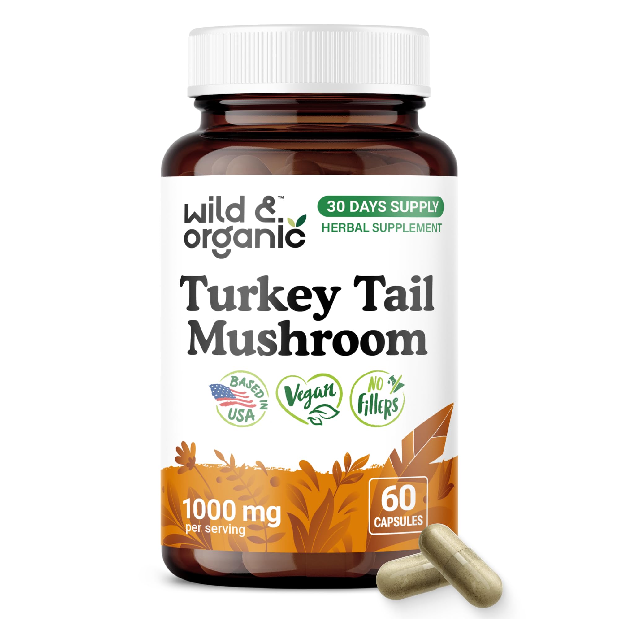 Wild & Organic Turkey Tail Capsules 1000 mg - Immune Support - 60 Count 60 Count (Pack of 1)