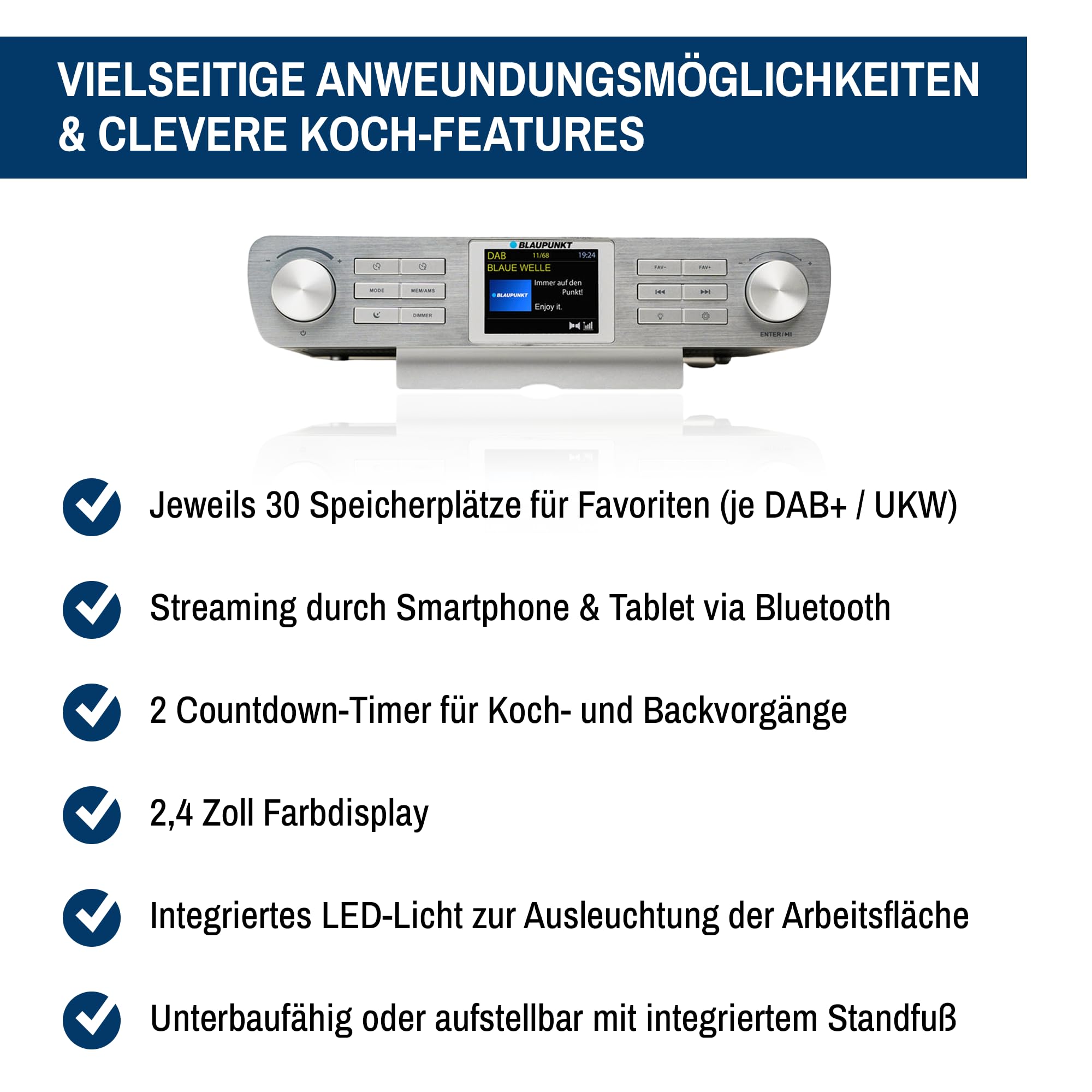 Blaupunkt KRD 100 - Radio de cocina con DAB +, memoria y FM PLL, incluye material de montaje y soporte, pantalla LED y luz, potencia musical 2 x 2 W (RMS), radio DAB Plus