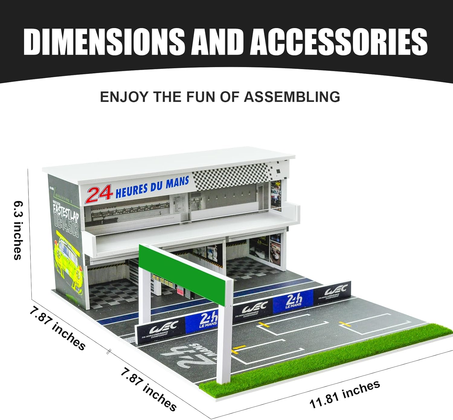 Le Mans 24-Hour Endurance Race Light Version Track Scene Display Case with LED Light 1/64 Scale Parking Garage Diecast Car Show Case 10 Parking Spaces Green and White
