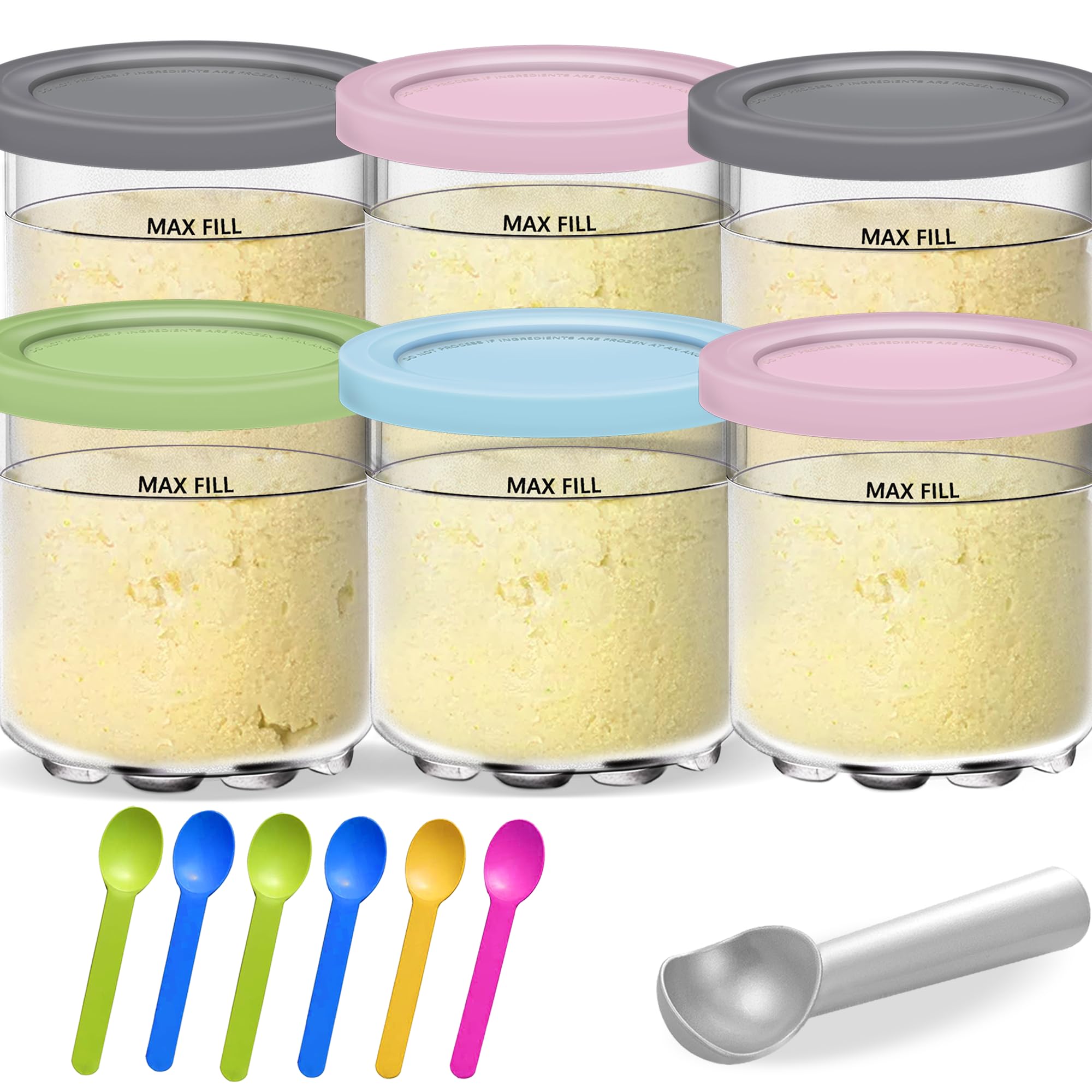 Creami Pints and Lids for Ninja - 6 pack Creamy Icecream Containers Cups Tubs Set, Smoothie Pot Compatible with NC299AMZ NC300s Series Creamer Ice Cream Maker Machine Accessories Replacement Parts