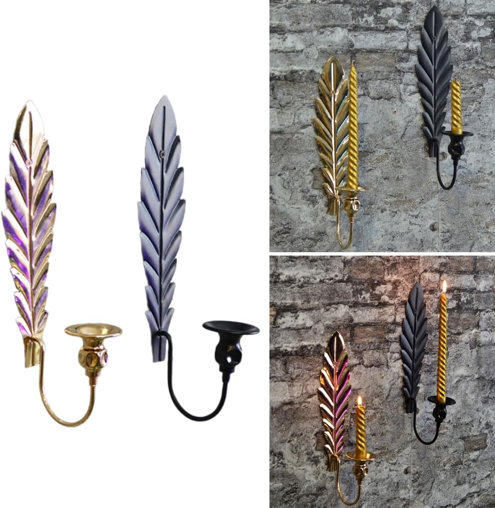 2PCS Elegant Black Metal Wall Candle Sconces, Leaf Shape Decorative Candlestick