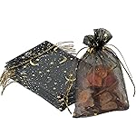 YHJZ 100PCS Moon Star Organza Bags, 4x6 inches (10x15cm) Small Mesh Bags Drawstring, Jewelry Gift Pouches for Wedding, Party, Festival, Makeup Organza Favor Bags (Black)