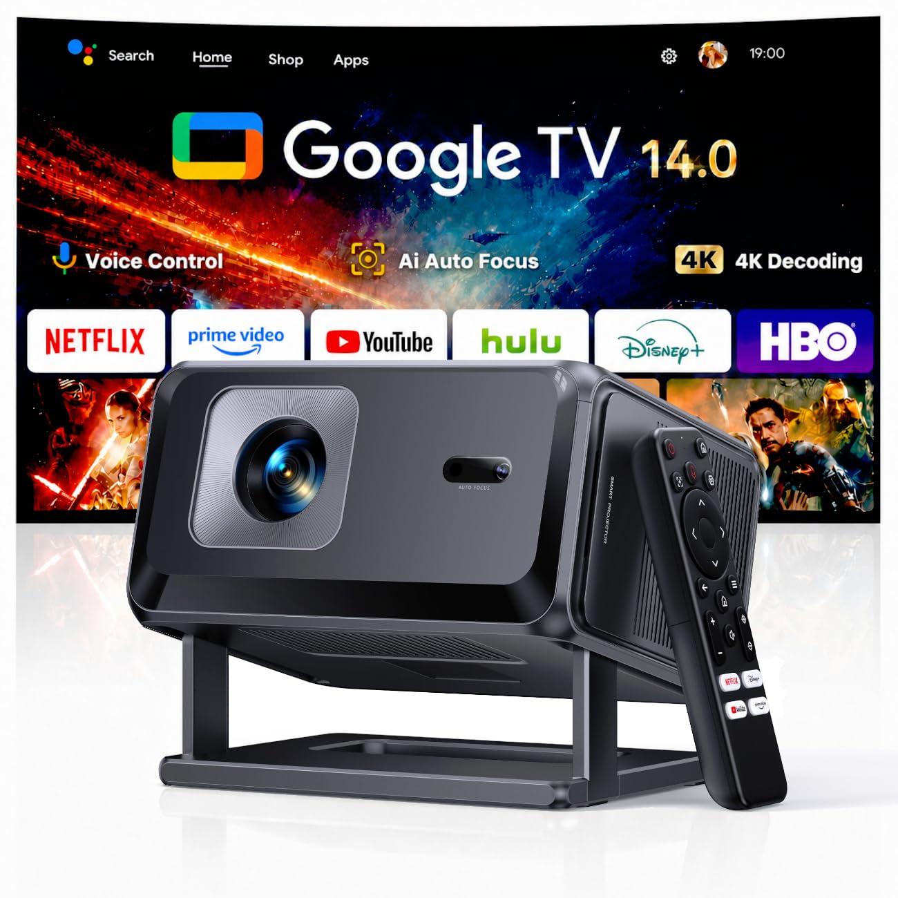 Proyector 4K【Google TV 14.0/Official Apps/Auto Focus/Keystone】 Proyector portatil Control por Voz 1080P FHD Nativo HDR10,WiFi 6 & Bluetooth 5.3 SmartProyector para Exterior/Cine en Casa/Techo/HDMI