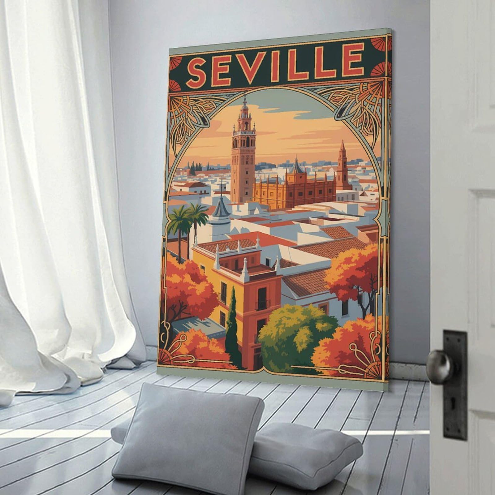 Junmoney Seville Cityscape Vintage Travel Home Decor Wall Art 08x12inch(20x30cm), for Art Walls, Layered Displays Or Homes, A Versatile Canvas Print for Layering