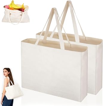 Plain Canvas Bags, Pack of 2 Large Natural Cotton Grocery Bags, 45x35x8cm Reusable Canvas Bag for Women, Blank Tote Bag for Shopping, Painting, Embroidery
