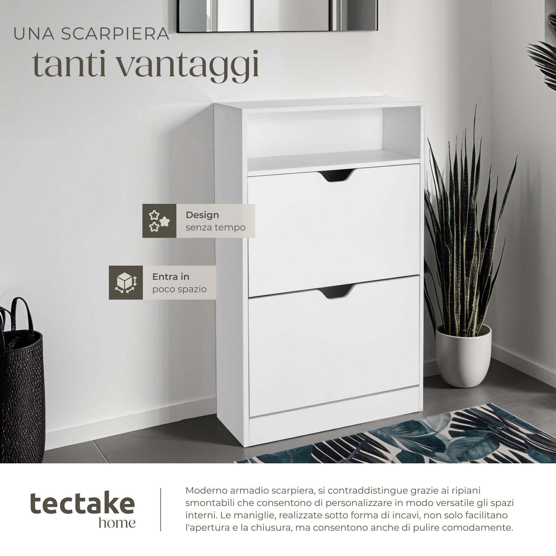 tectake® Scarpiera Moderna con 2 Cassetti a Ribalta, 4 Ripiani per 12 Paia di Scarpe, Elemento a Scaffale Aperto, Maniglie Incassate, Ripiani Smontabili, Protezione Antiribaltamento - Bianco