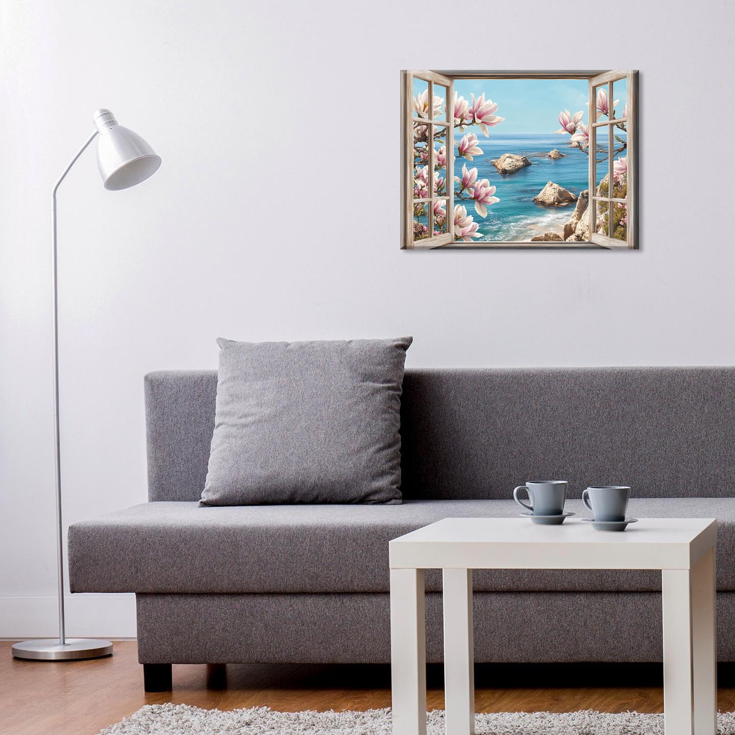 PIY PAINTING Wasserfront Szene Spiaggia Quadri Moderni Soggiorno Stampe Da Parete Mare e Finestra Disegno Su Tela Fiore Immagine Pittura Dipinto Quadro Con Cornice Decorazione Camera Da Letto 30x40 cm