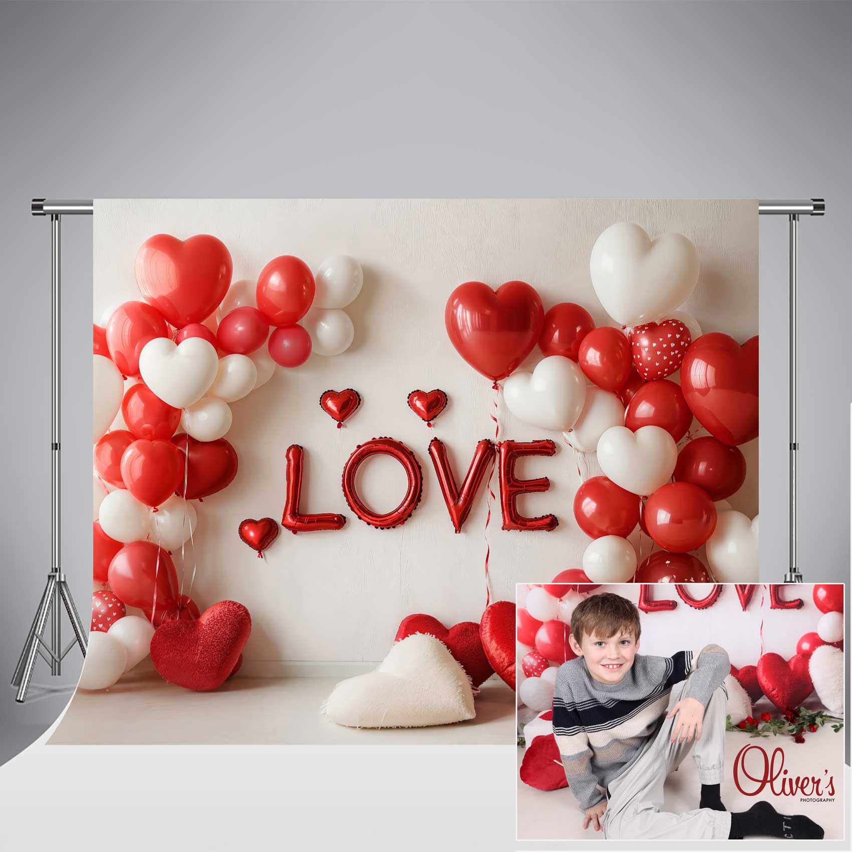 Kate Valentinstag Fotohintergrund mit roten und weißen Luftballons und Herzen 6.5x6.5ft/2x2m Liebesbrief beige Wände Geburtstagsparty Dekoration Hochzeit Brautparty Hintergrund Fotostudio