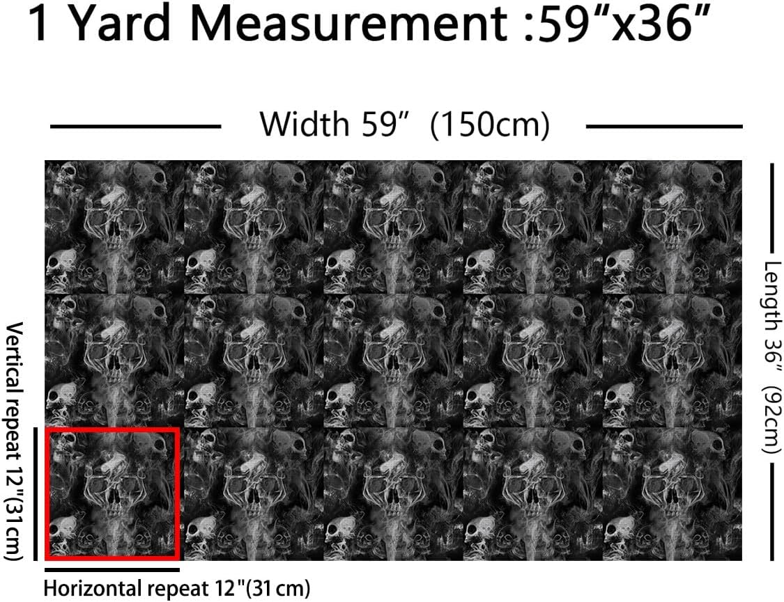 Erosebridal Skeleton Decorative Fabric by The Yard, Black Gray Smoky Skull Waterproof Outdoor Fabric, DIY Halloween Material Upholstery Decor for Chairs Gothic Style Decor for Kids Adults, 3 Yards