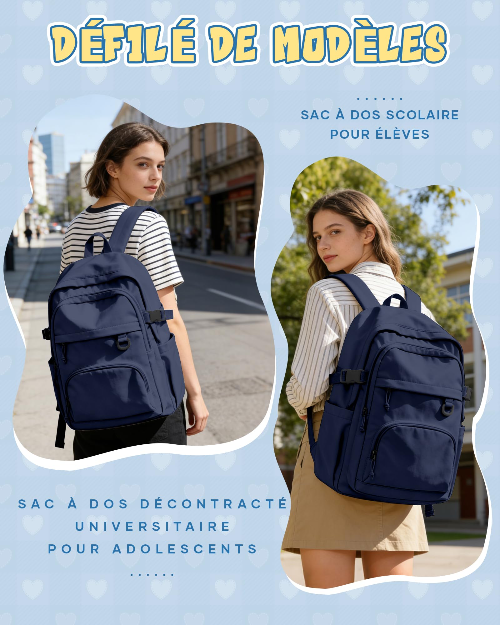 Sac à Dos College Homme Femme, Résistant Cartable Garcon Fille, Sac à Dos Scolaire Adolescents, Sac a dos avec Multi-poches, Loisir Unisexe Zaini Backpack,Bleu Foncé
