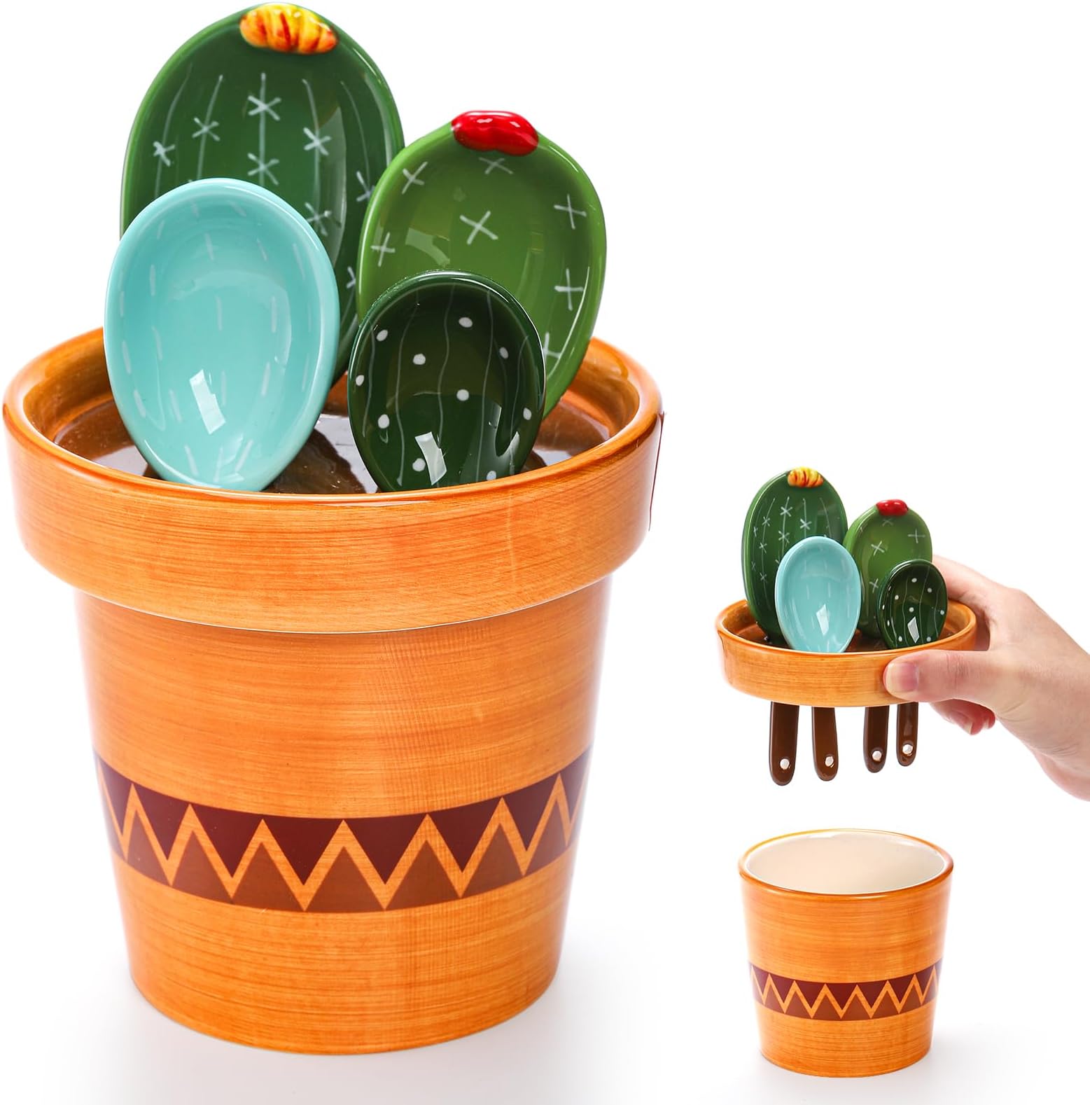 Coloch 5Pcs Ceramic Measuring Spoons in Pot, Cactus Shape Baking Measuring Spoons and Cup Decorative Cactus Figurine Measuring Spoon Set for Baking, Milk, Sugar, Salt