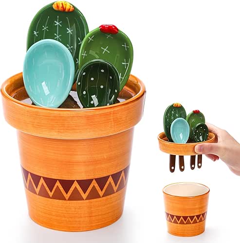 Coloch 5Pcs Ceramic Measuring Spoons in Pot, Cactus Shape Baking