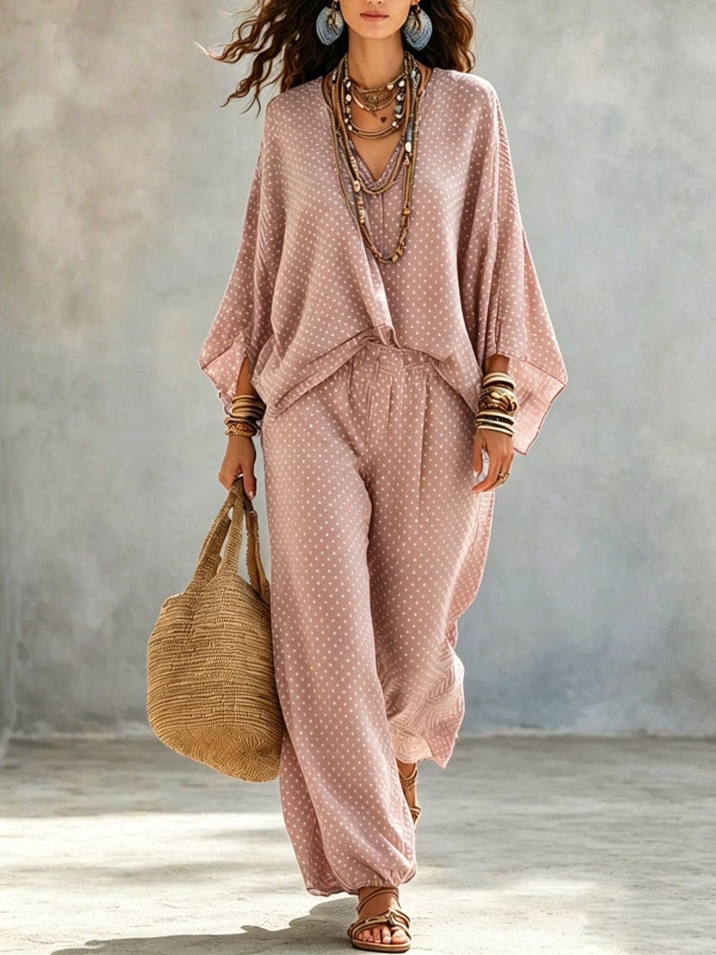 Completo da Donna Boho A 2 Pezzi: Blusa A Pois con Scollo A V E Maniche A Pipistrello, Pantaloni Jogger con Elastico In Vita E Vestibilità Ampia E Casual, perfetto per Le Vacanze Al Mare.