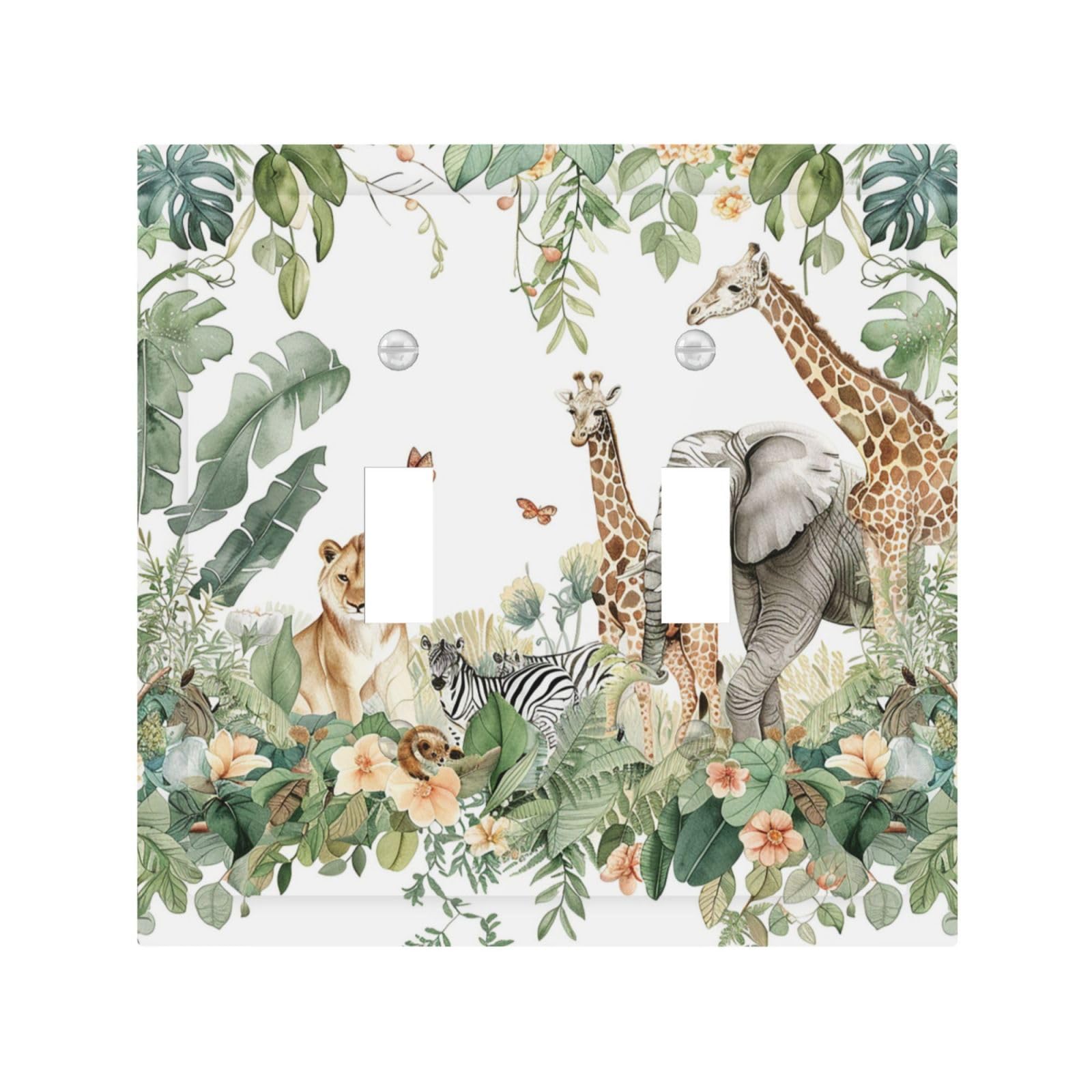 Ihsourgnitnem Decorative Switch Plates Tropical Leves And Safari Animals 2 Gang Double Toggle Outlet Light Switch Cover Wall Plate Electrical Faceplate For Nursery Kids Room Decor