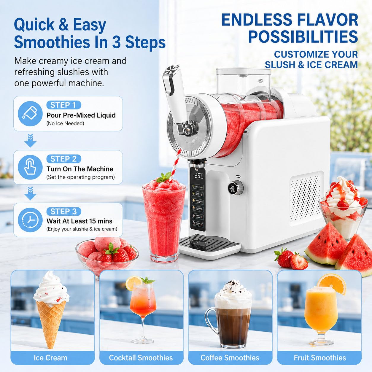 Macchina per Granita,Sorbetto Elettrica 1.8L,Bevande in 15 min,Macchina per Margarita con 5 modalità, per Granite, Cocktail, Frappé, Milkshake e Succhi, Senza Bisogno di Ghiaccio White