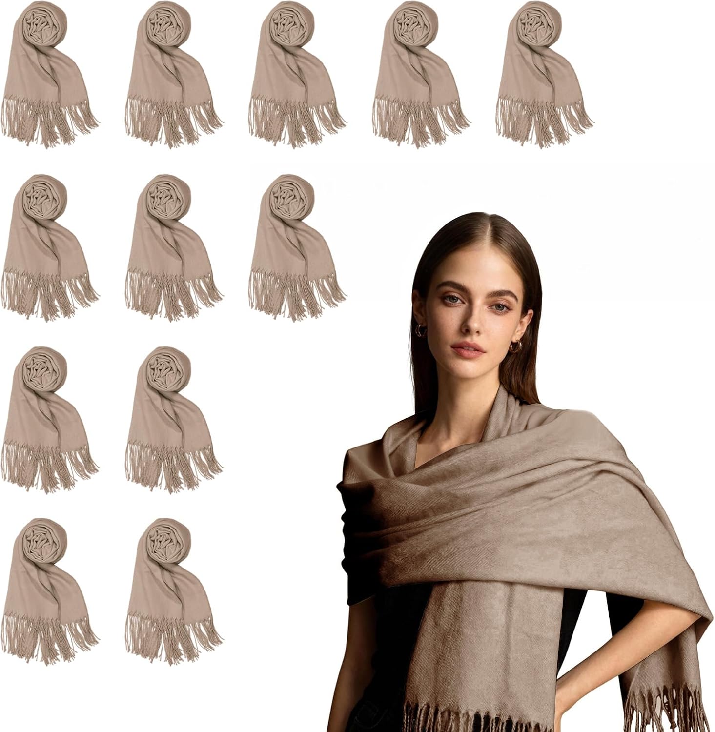 12pcs Christmas Knitted Scarves with Fringes Bulk Pashmina Shawls and Wrap Gift Set for Christmas Party Photo