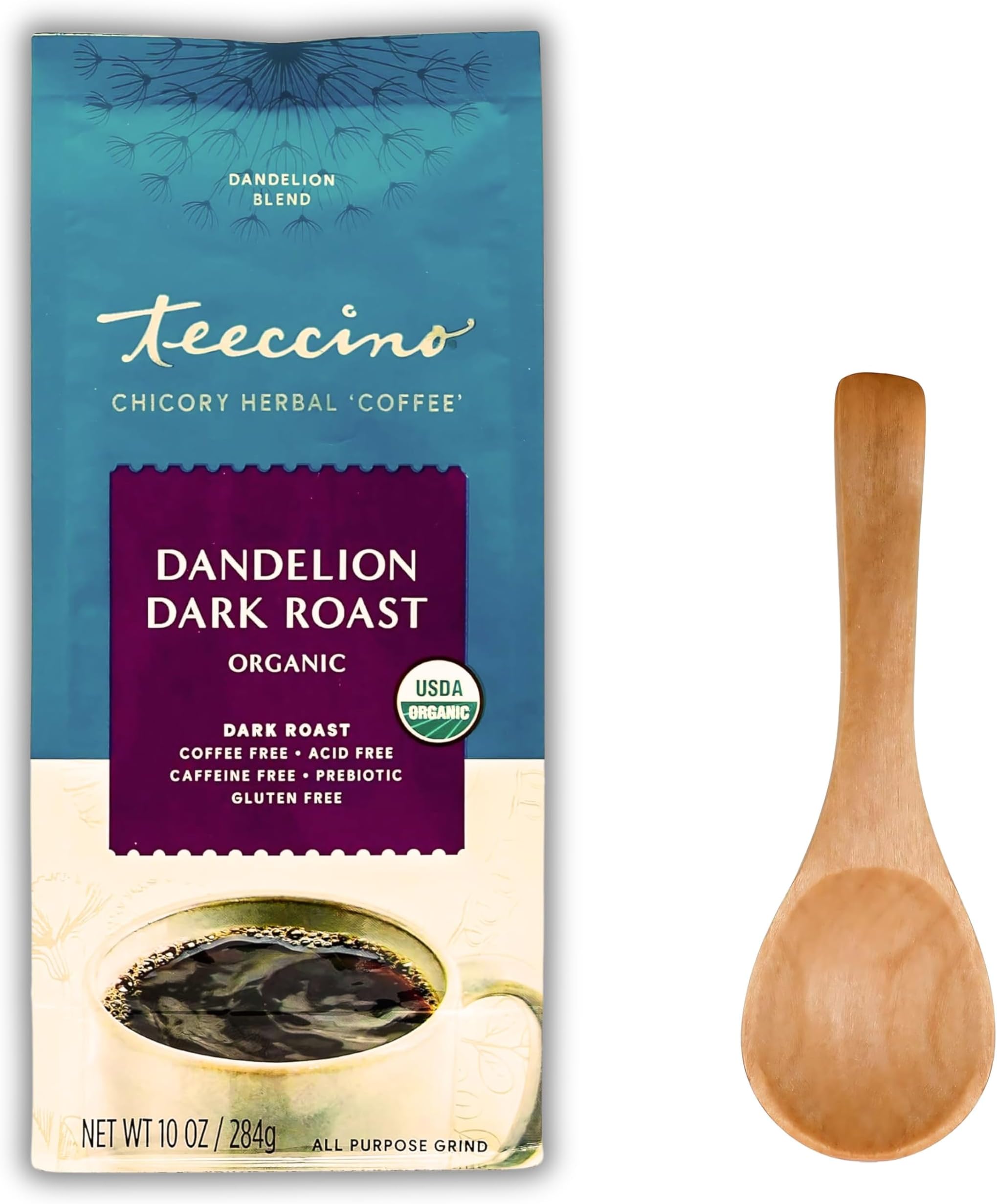 Teeccino Dandelion Dark Roast Herbal Coffee Alternative Bundle | Chicory Root Coffee Caffeine-Free, Prebiotic, Herbal Coffee Substitute, Includes Prosperina Coffee Spoon & Prosperina Card-312 G