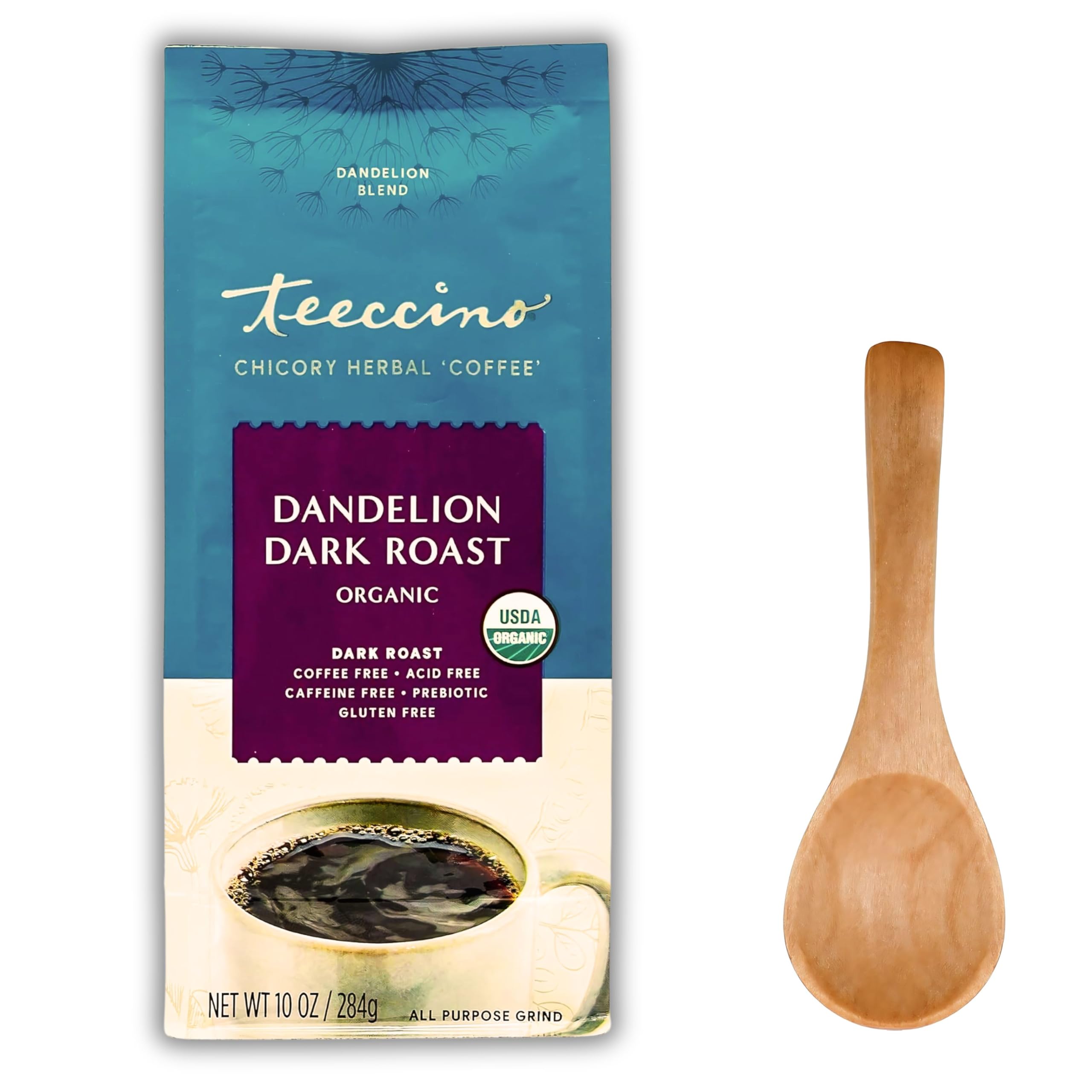 Teeccino Dandelion Dark Roast Herbal Coffee Alternative Bundle | Chicory Root Coffee Caffeine-Free, Prebiotic, Herbal Coffee Substitute, Includes Prosperina Coffee Spoon & Prosperina Card-312 G