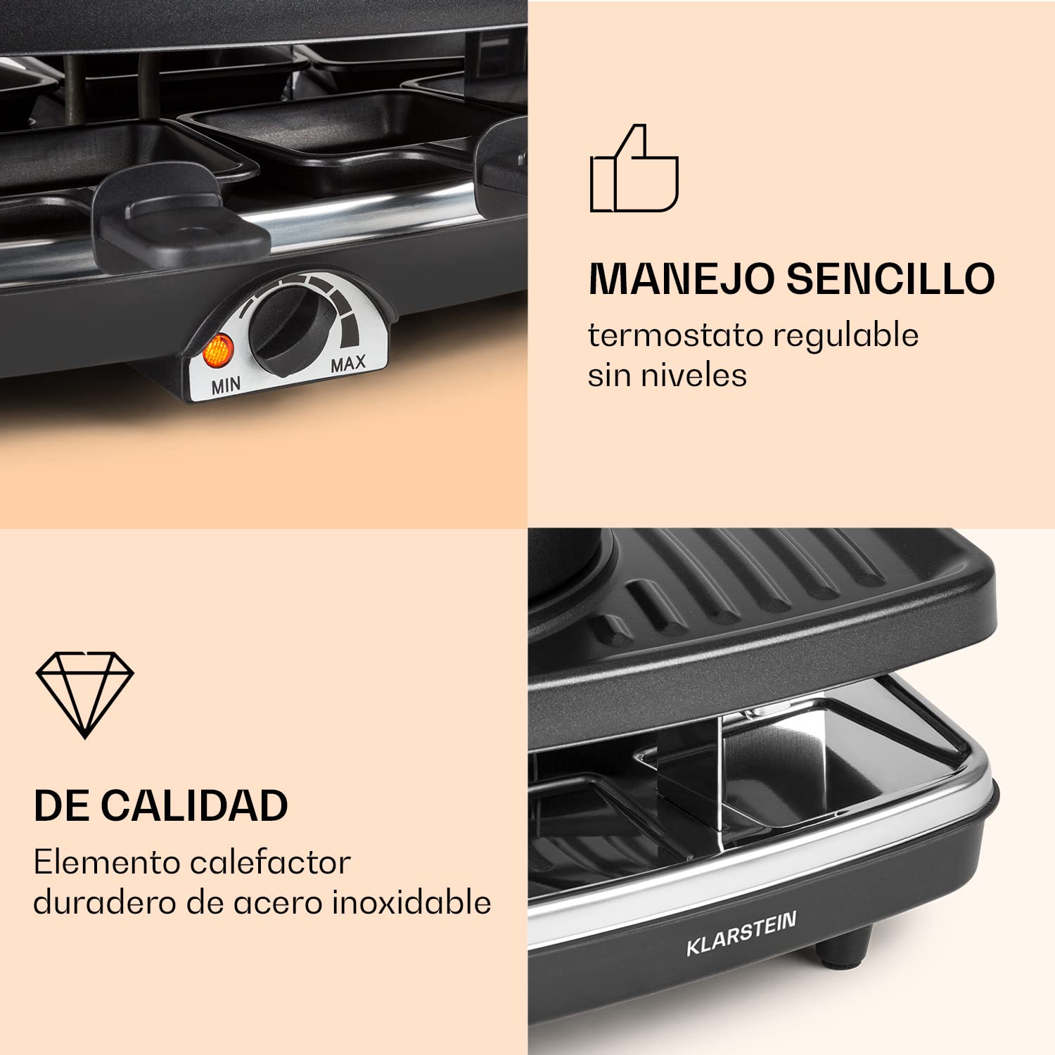 Klarstein Entrecote Raclette - Fondue, Parrilla, Barbacoa-Party, 1100W, regulador de calor continuo, 8 sartenes, Antiadherente, 6 tenedores Fondue, Grill bajo grasa, Negro