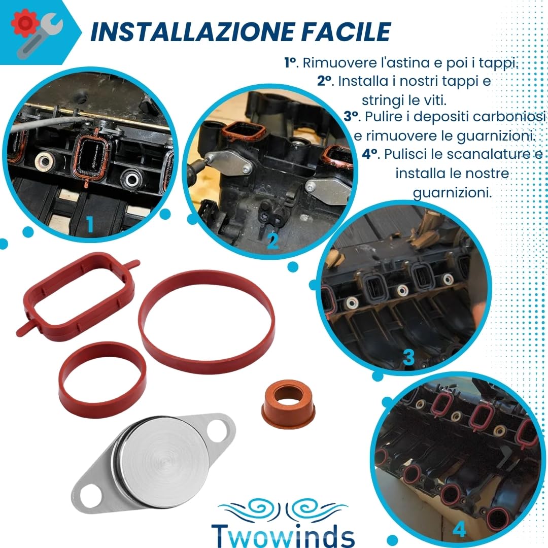 Twowinds - Kit Annullare Farfalle Collettore di Aspirazione (22 mm) Compatibile con BMW E90 E46 E39 E60 E61 E65 X3 X5 - Rimozione Swirl Flap - Eliminazione Valvole Swirl (14 guarnizioni e 4 tappi)