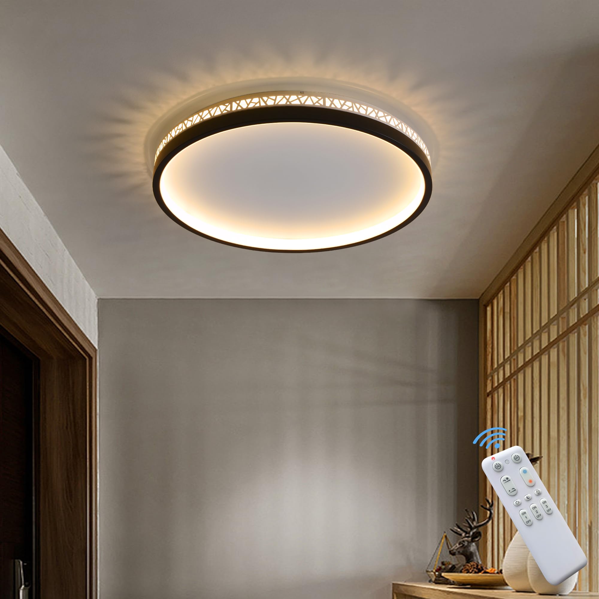 LED Deckenlampe dimmbar mit Fernbedienung, 30W 30cm rund schwarz Aushöhlen Design „Vogelnest“ Deckenleuchte Schlafzimmer, 3000lm 3000K-6000K, Wohnzimmerlampe mit Memory-Funktion, 3W Nachtlicht