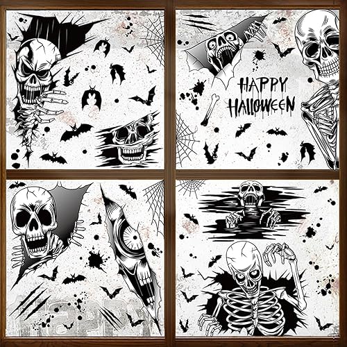 Calcomanías de Halloween para ventanas de vidrio, calcomanías de calavera fantasma, diseño de murciélagos, decoración de ventanas, 4 hojas