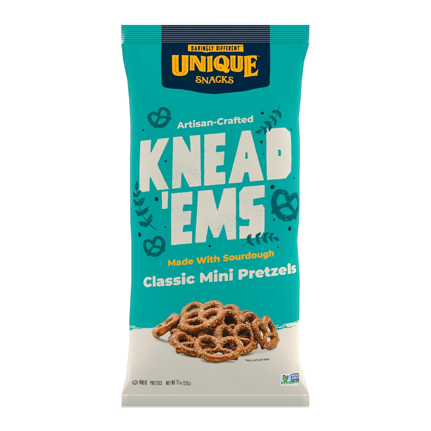 Unique Snacks Knead 'Ems, Sourdough Mini Pretzels, Artisan-Crafted Vegan Snacks, Non-GMO, Kosher, 11 oz. Snack Bags, Pack of 12