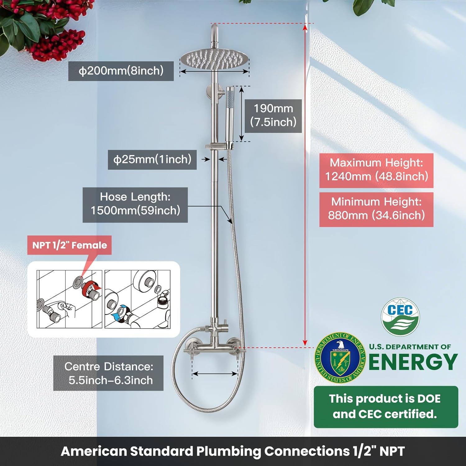 gotonovo Outdoor Shower Fixtures SUS304 Stainless Steel Rain Shower Kit Faucet High Pressure Wall Mount 2 Dual Function 8 Inch Showerhead and Handheld Spray Combo, Double Cross Handle, Brushed Nickel