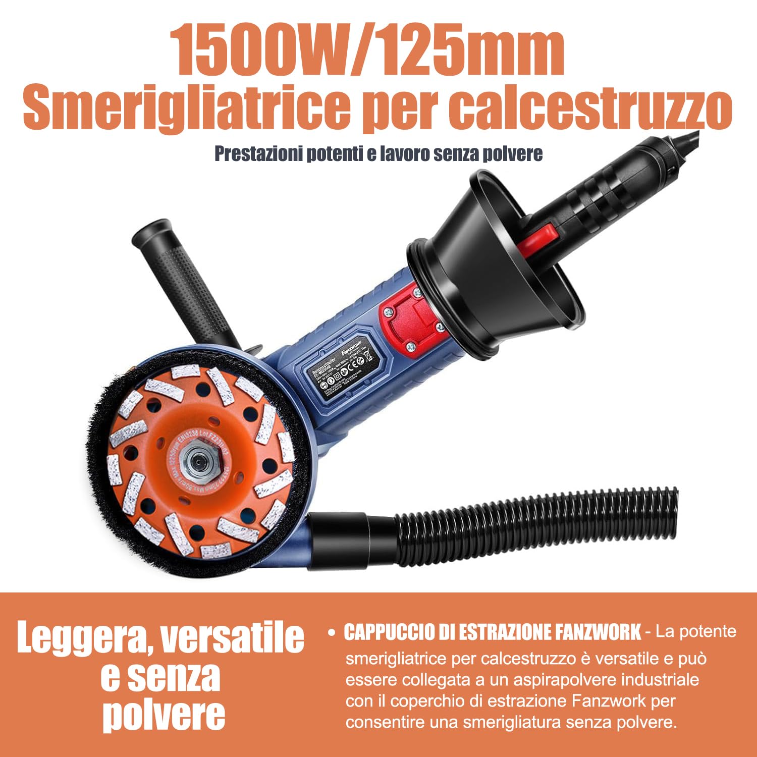 FANZWORK Levigatrice per Cemento 1500W, 2 Dischi Diamantati 125mm, Cappa Antipolvere, Manico a T, Velocità Regolabile