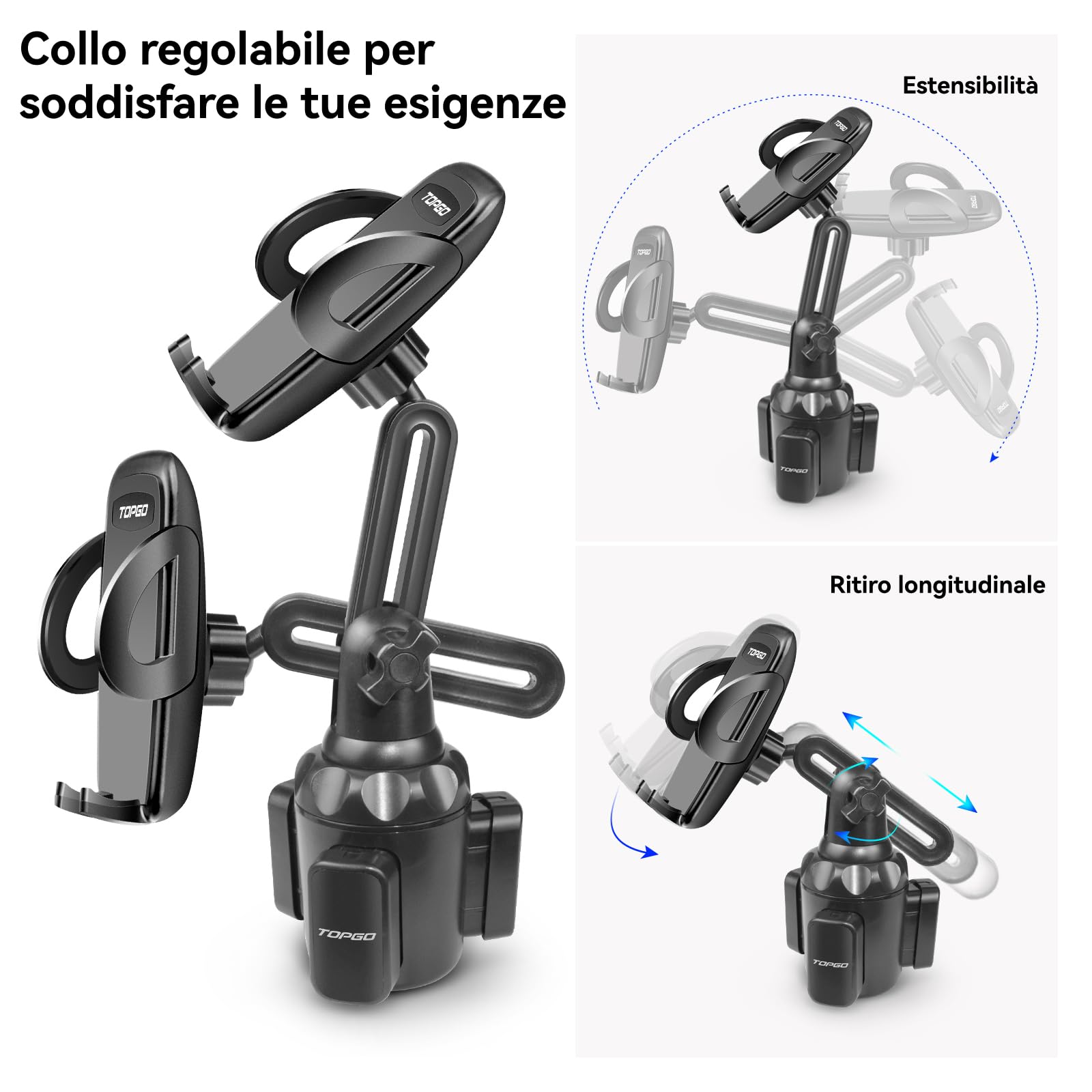 TOPGO Supporto per Telefono da Auto per Porta Bevande, [Senza Vibrazioni e Stabile con Polo Regolabile] Supporto per Telefono da Montare nel Porta Bevande- Nero