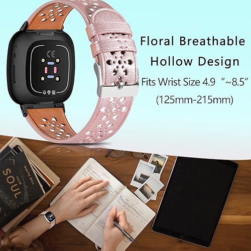 Miniatura 4 de Correas de cuero compatibles con Fitbit Versa 3 BandsVersa 4 BandsSense 2Sense 1 Band Mujeres Hombres, Correa de repuesto de encaje floral hueco