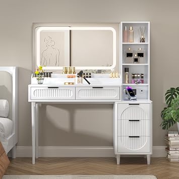 Makeup Vanity Desk with Mirror and Lights, Modern Large Dressing Table with Charging Station,5 Drawers,Side Cabinet for Bedroom