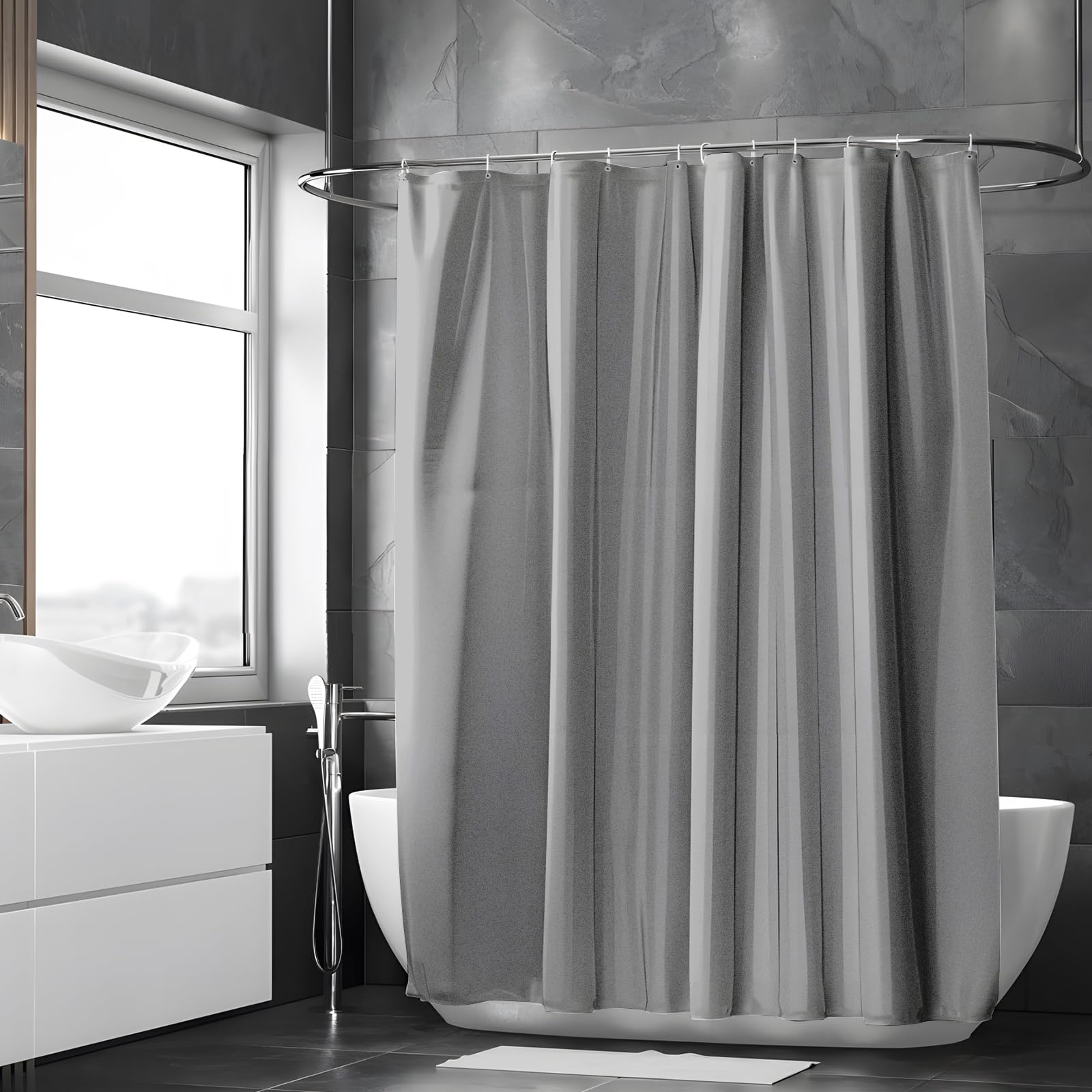 Vinabo Grey Shower Curtain, 180 x 200 cm Bathroom Curtains, Washable Shower Curtain with 12 Hooks, PEVA Fabric Curtain - Image 2