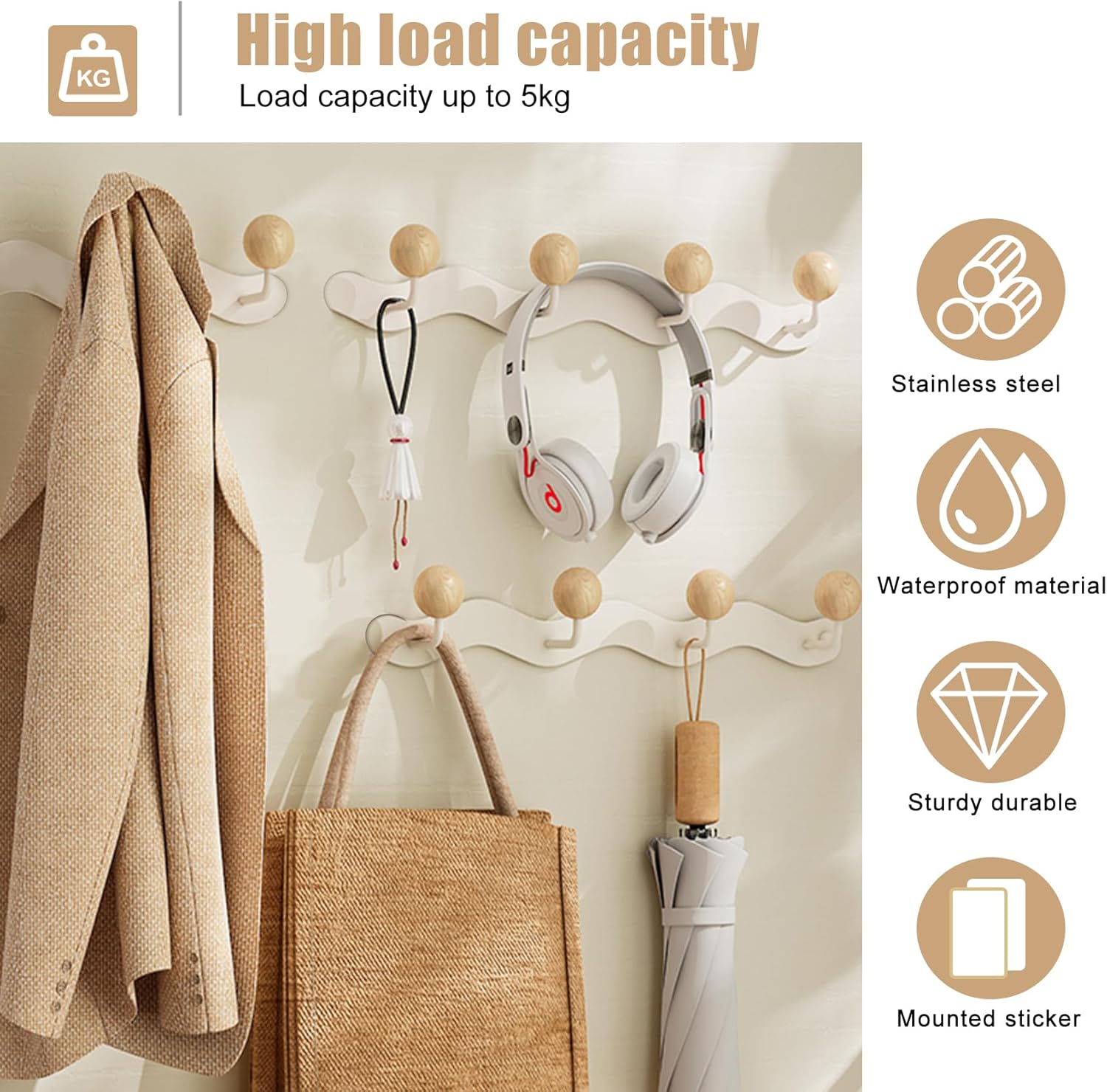 Coat Hooks for Wall, Key Holder Wall Mount, Coat Rack Wall Mount, Wall Hooks for Coats, Hooks for Hanging Hat Towel Purse Robes Mudroom Bathroom Entryway, Beige