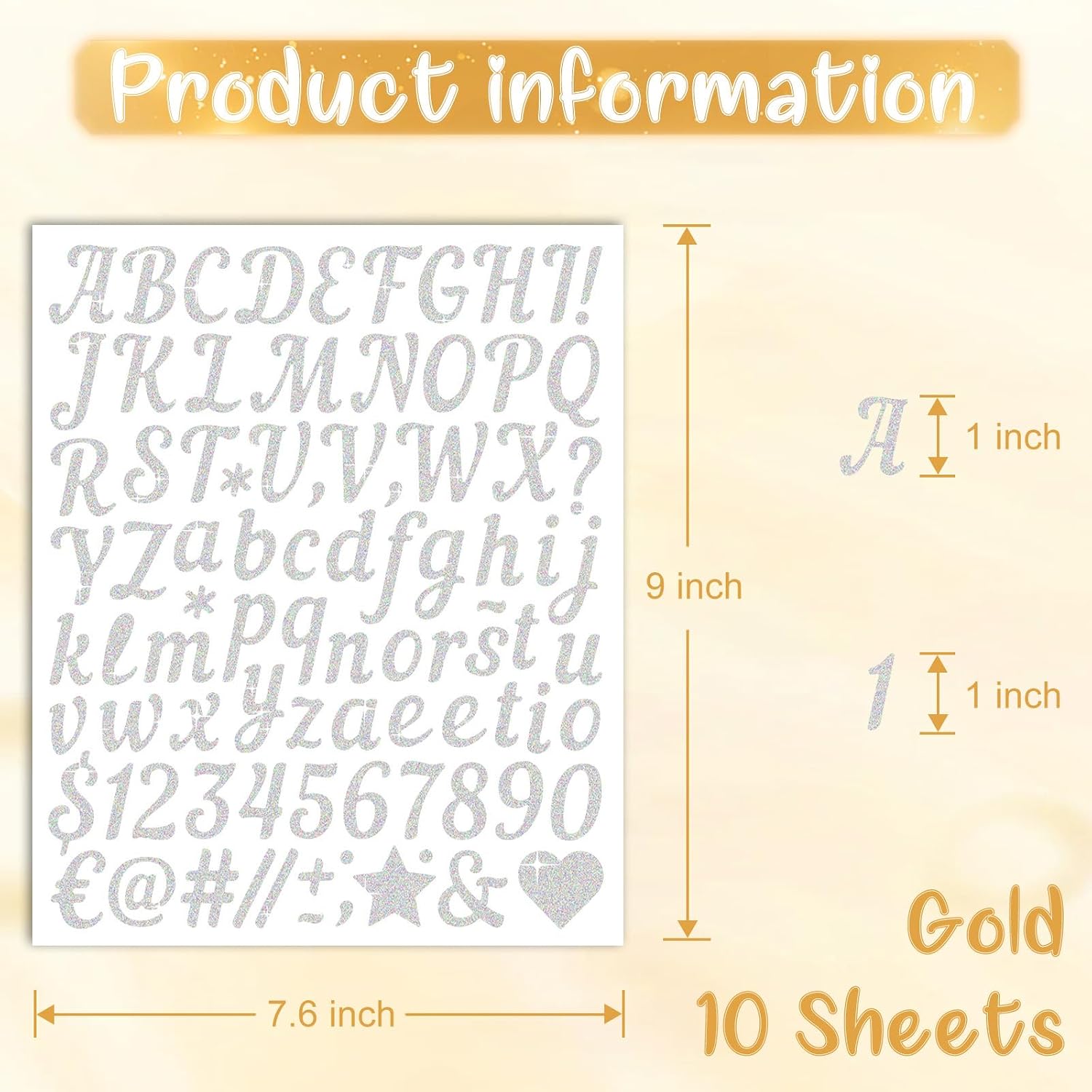JAMIEWIN 880 PCS Silver Letter Stickers 10 Sheet, Self-Adhesive Glitter Number Alphabet Stickers Waterproof, 1 inch Vinyl Letter Sticker Cursive for DIY Craft Art Making Graduation Cap Scrapbook