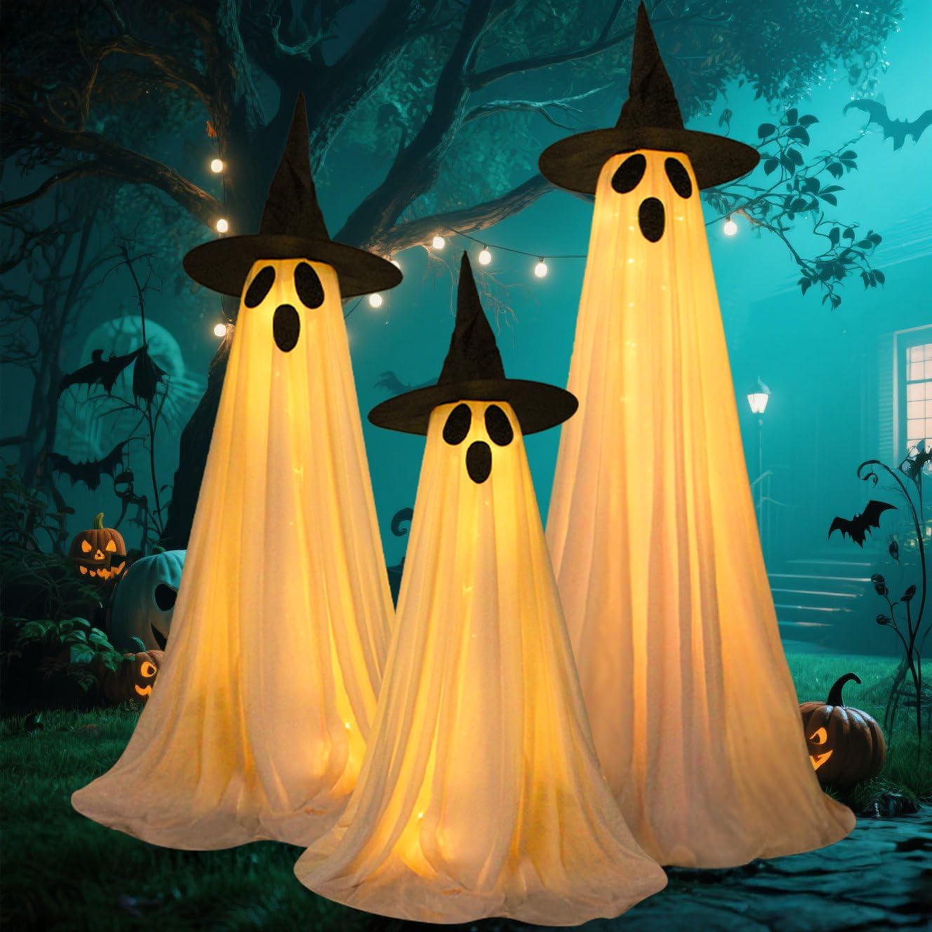 3 pack ghost halloween decorations outdoor, light up ghost decorations with 8 modes & timer, battery operated halloween lights ghost decor indoor outdoor room front yard, porch, haunted house party 3 packs-battery powered