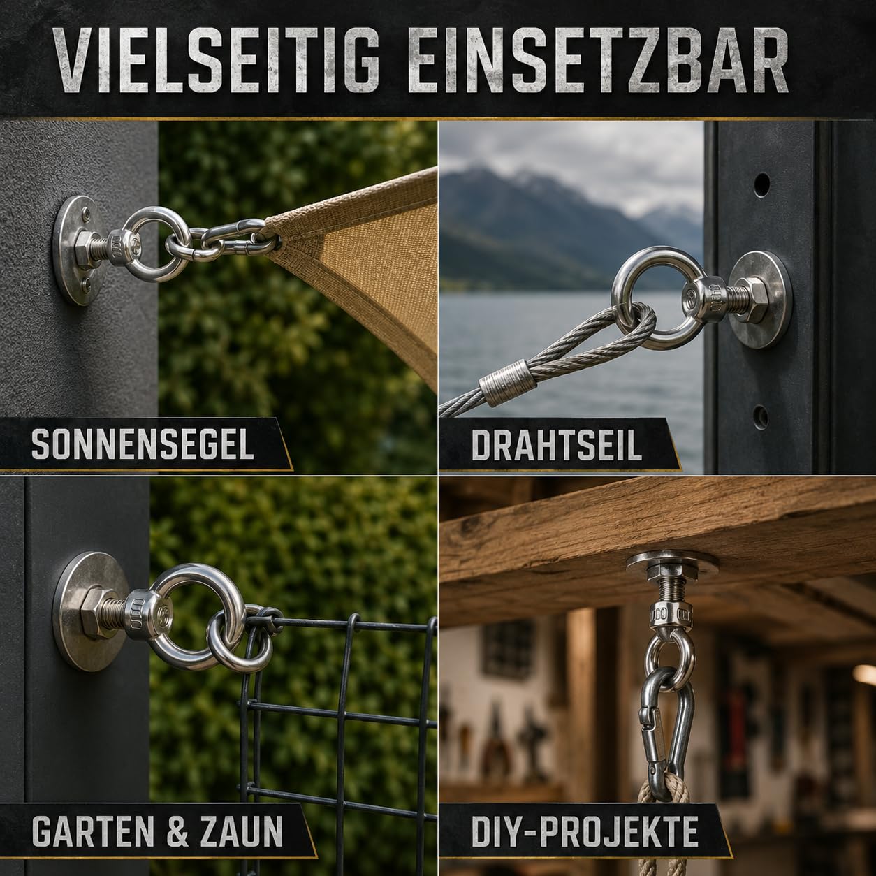 ORTAVA Viti ad anello lunghe, M10 x 120 mm, 2 viti ad occhio con rondelle e dadi esagonali, in acciaio inox 316 V4A A4, bulloni ad occhio per fissaggio e sospensione