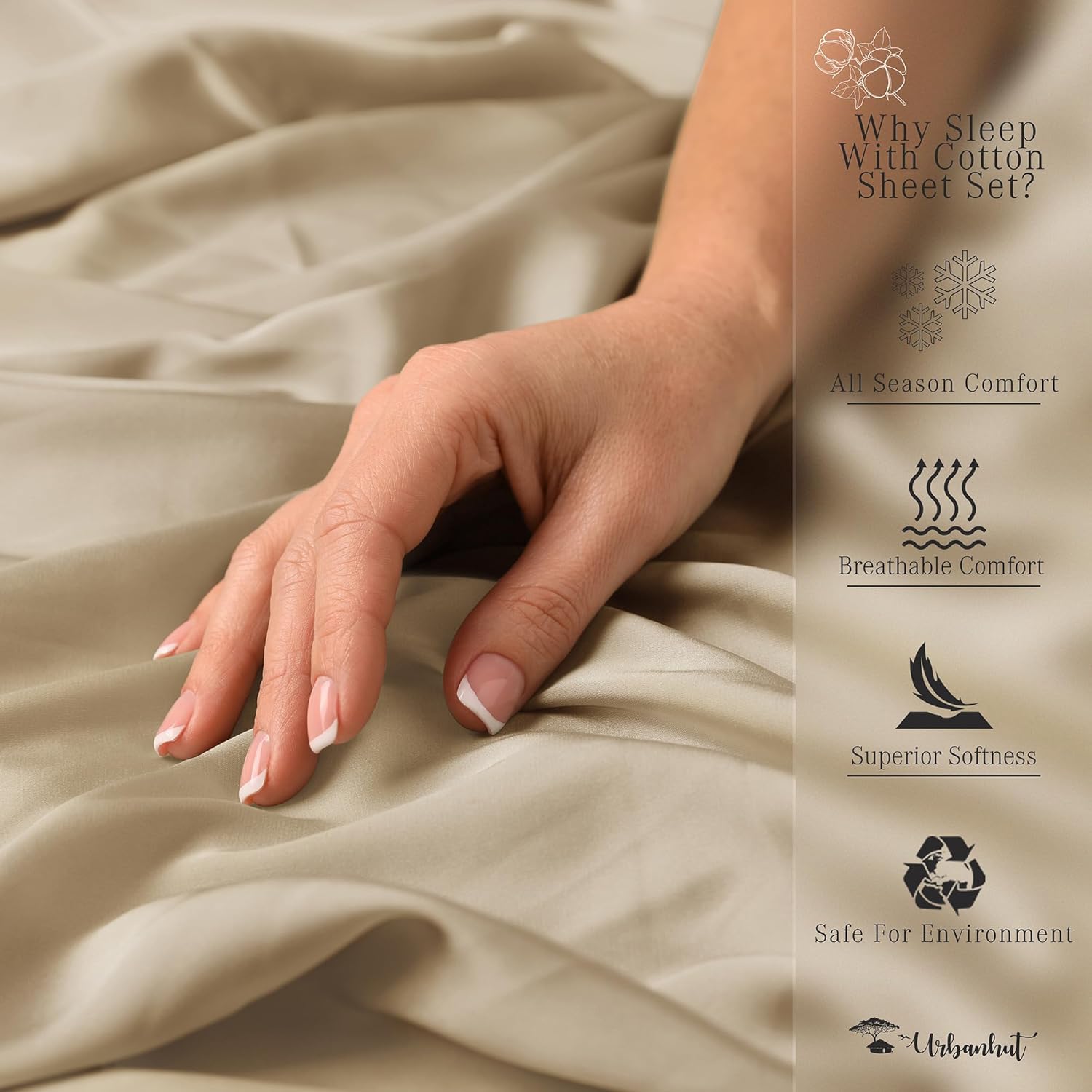 URBANHUT 700 Thread Count 100% Cotton Sheets King Size, 4Pc Sheet Set Luxury Bed Sheet for King Size Bed, Sateen Weave Hotel Sheets, Better Than Egyptian, 16'' Elasticized Deep Pocket - Sand - Image 6
