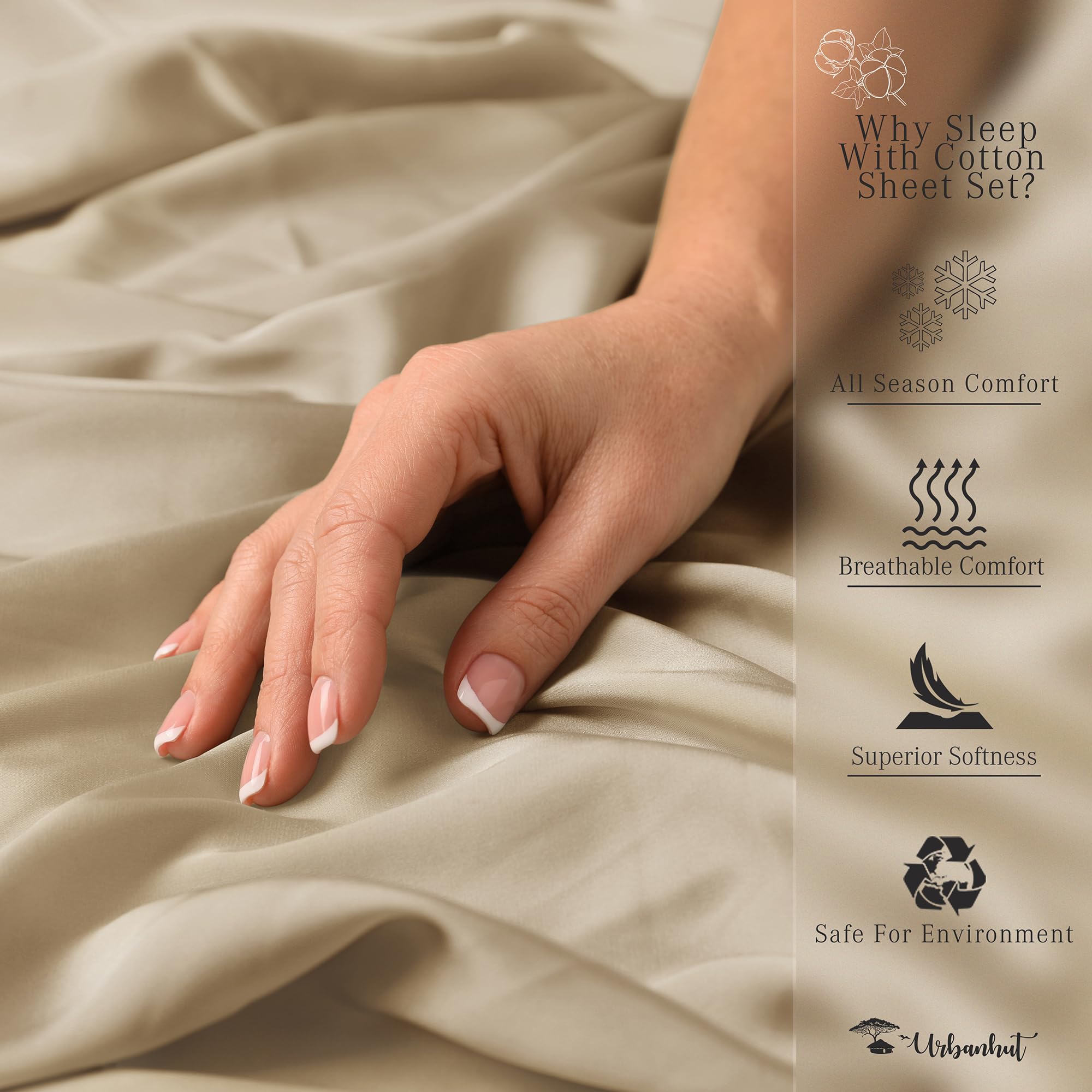 Urban Hut Set di lenzuola in cotone egiziano a 700 fili, 4 pezzi, morbide e lussuose, per letto singolo, lenzuola da hotel in rasatello, con tasca profonda elasticizzata da 35,5 cm, colore: sabbia