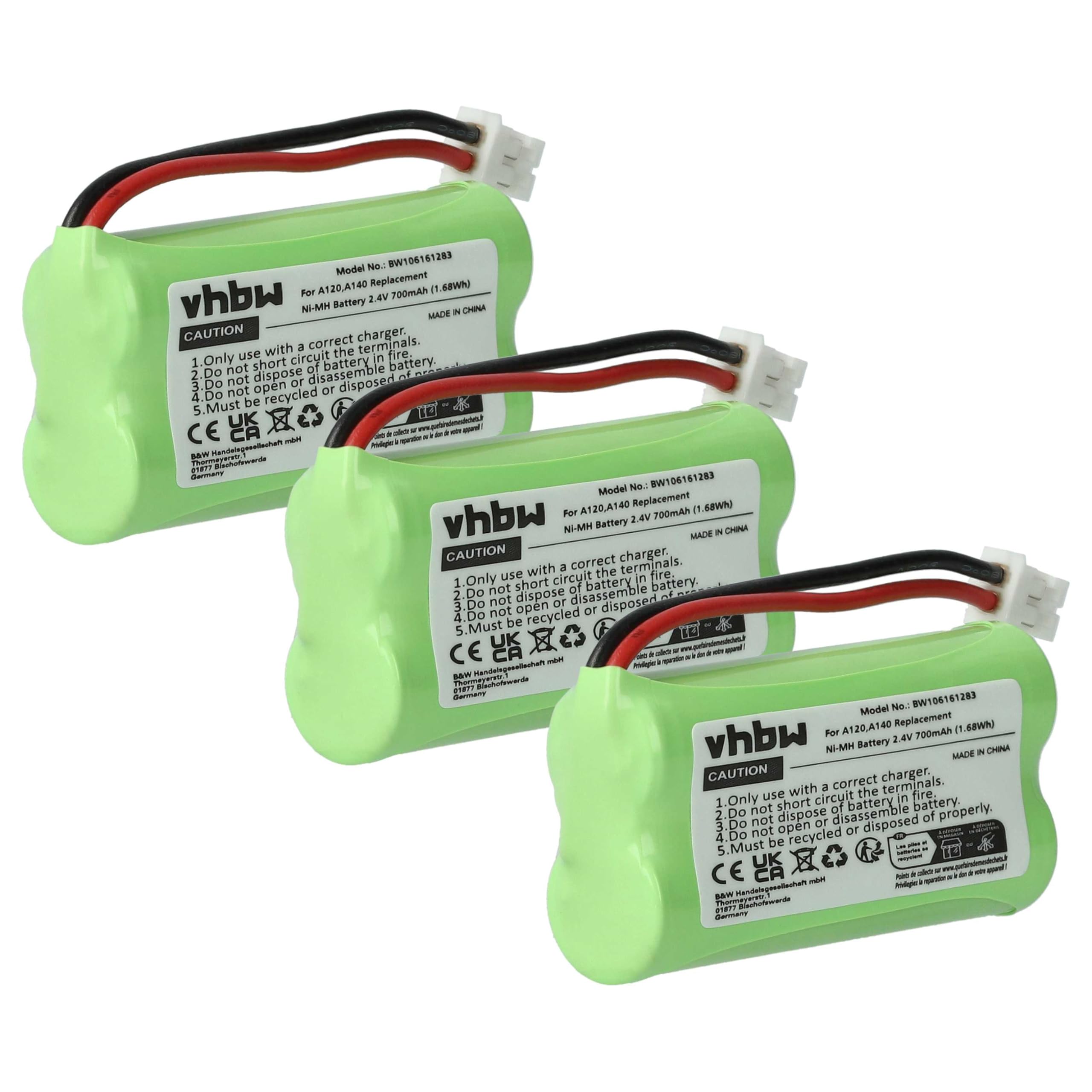 vhbw 3X Batteries (NiMH, 700mAh, 2.4V) téléphones Fixes Compatible avec Siemens Gigaset A260 Trio, A265, A345