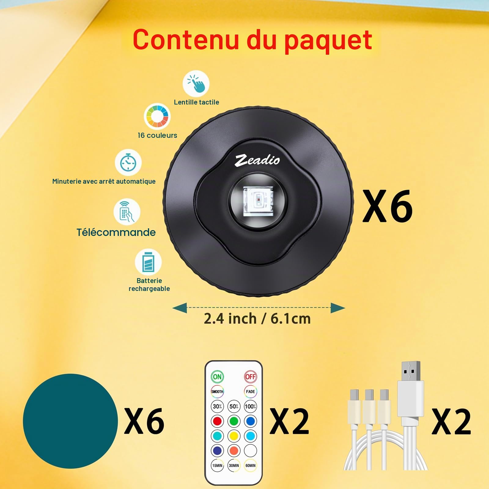 Zeadio Lampe d'armoire LED à contact avec télécommande, éclairage rechargeable pour la cuisine avec bouton-poussoir sur poussoir dimmable pour salon, chambre, cave, etc. (Pack de 6)
