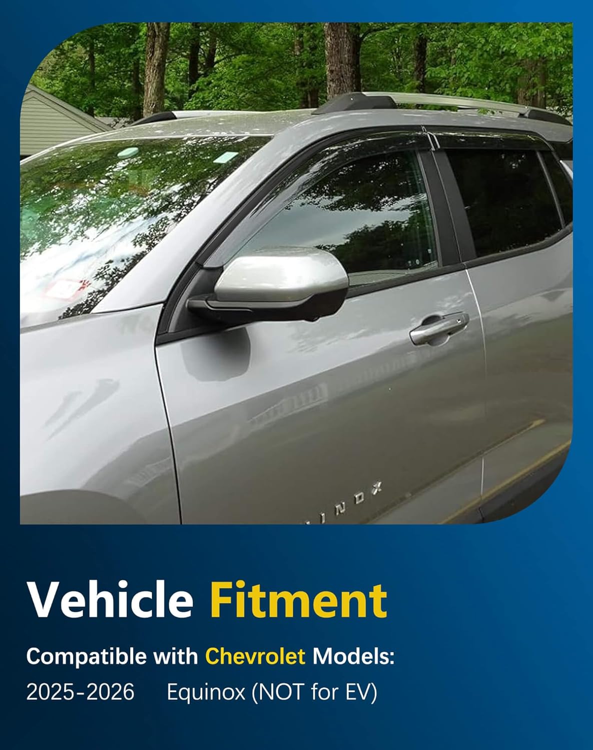 Shatterproof Tape-On Rain Guards for Chevrolet Equinox 2025-2026 (NOT for EV) with Stainless Steel Black Trim, Out-Channel Window Deflectors Vent Window Visors, 4 pcs