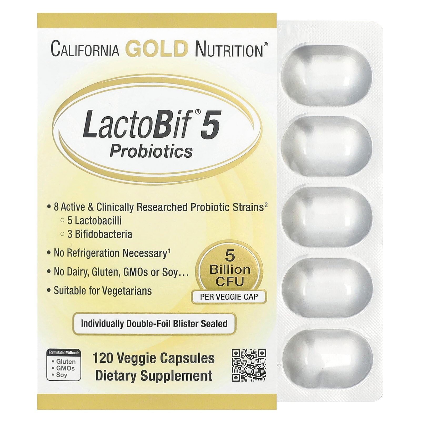 California Gold Nutrition LactoBif 5 Probiotics, 5 Billion CFU, 120 Veggie Capsules