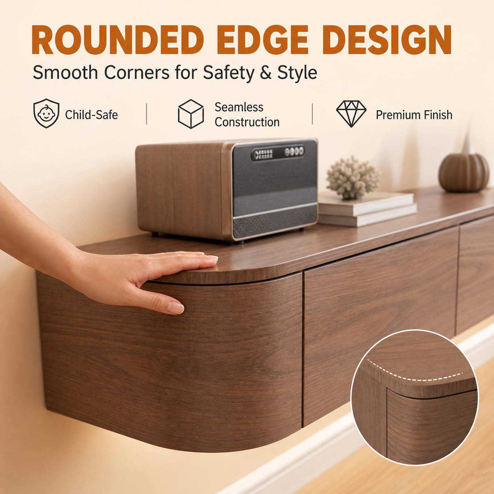 TV Lowboard hängend Braun 240 cm lang, Breite 30 cm – fertig montierter TV Schrank zur Wandmontage mit 2 Schubladen & 2 Türen, 2 seitlich öffnendes Seitenfach, für Wohnzimmer & Schlafzimmer