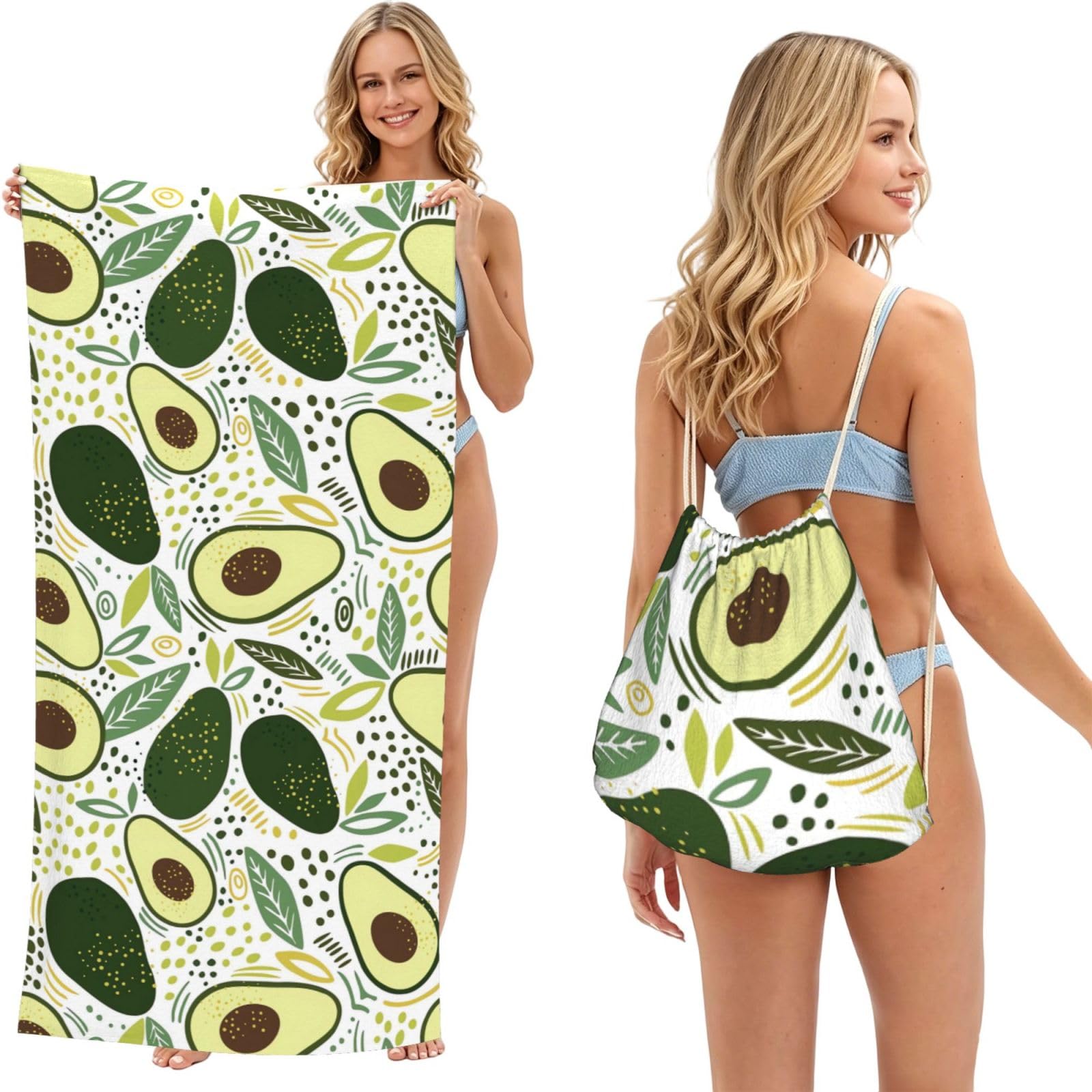 Poadnly As Picture Avocado, 2 In 1 Packable Towel Bag, Beach Towels With Drawstring Backpack For Travel Holiday Camping
