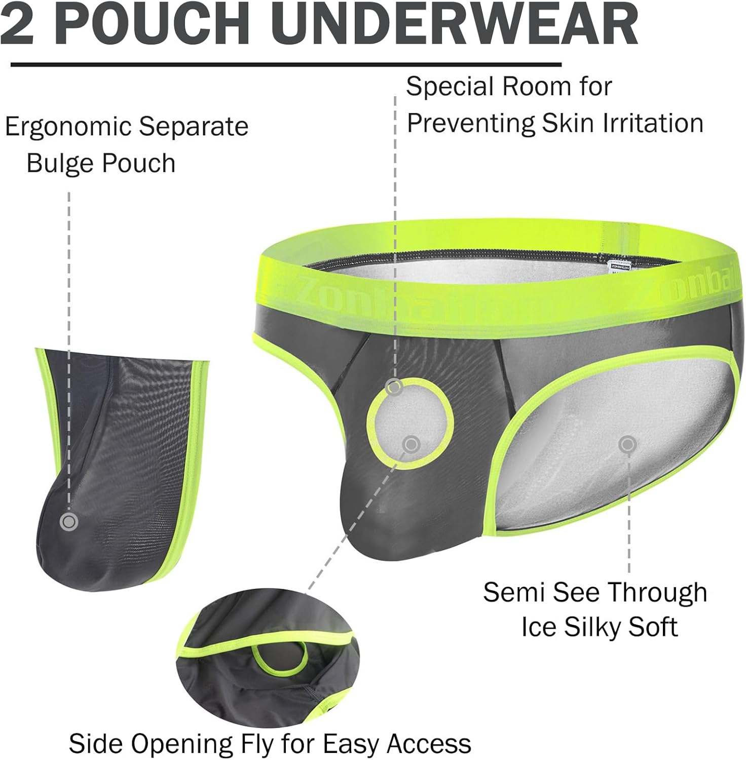 ZONBAILON Men's Briefs Dual Pouch Ice Silk Underwear Open-fly Breathable Sexy Panties - Image 2