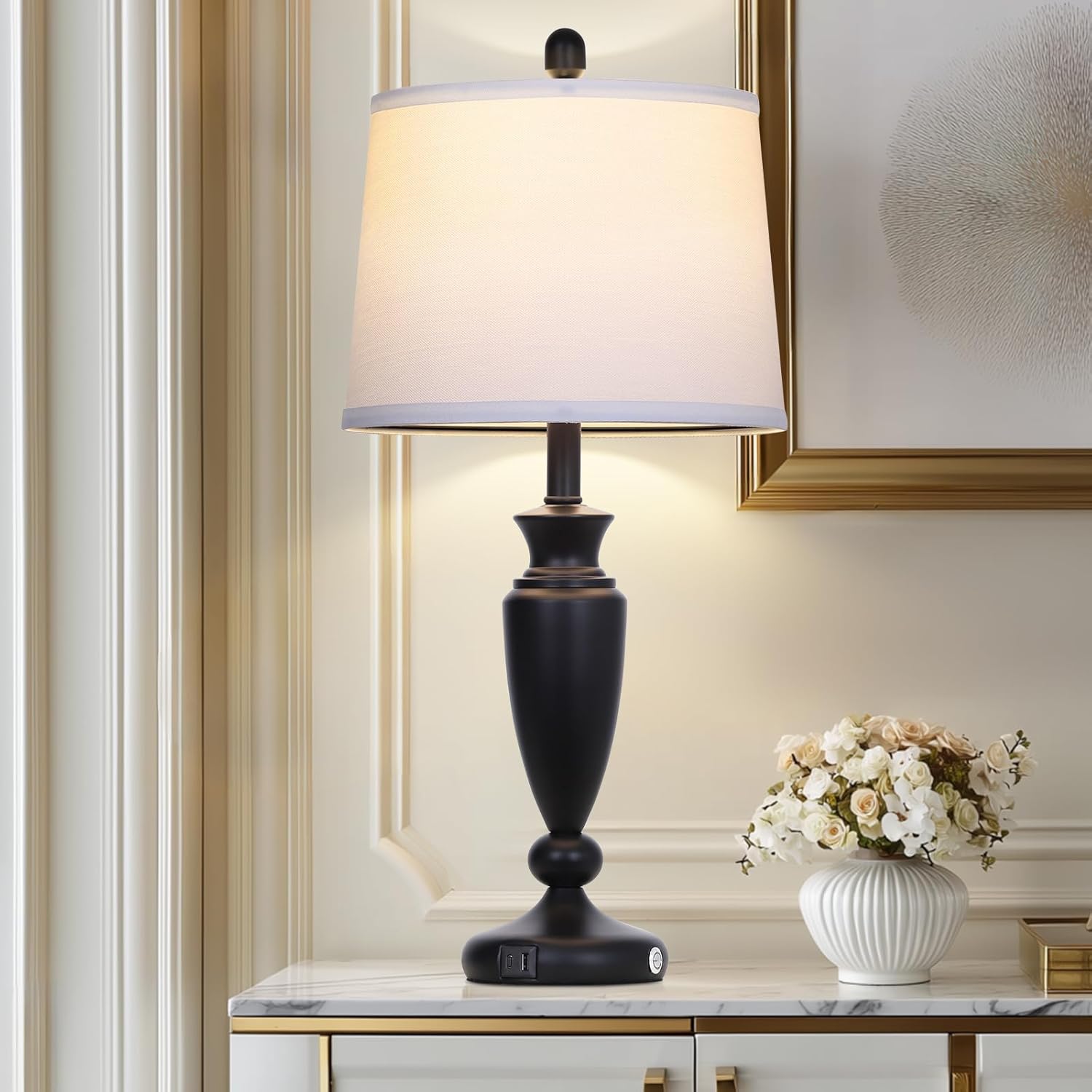 Rinweey 27'' Black Table Lamp Single, 3 Way Touch Control Living Room Lamp with USB A+C Ports, Modern Bedside Lamp, Elegant Metal Nightstand Lamps for Bedroom Office End Table Decoration