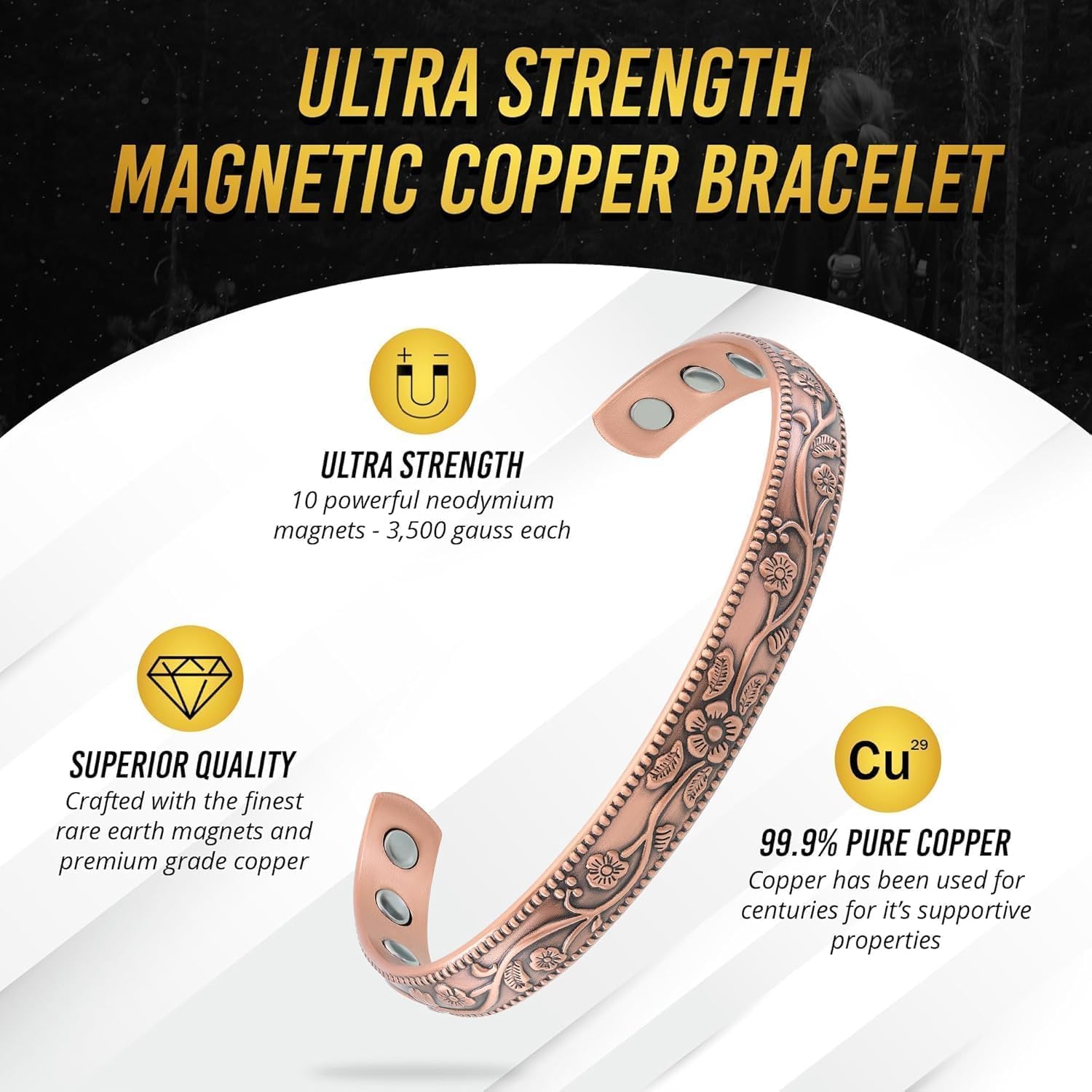 MagnetRX® Pulsera magnética para mujer, cobre puro 99.9% ajustable