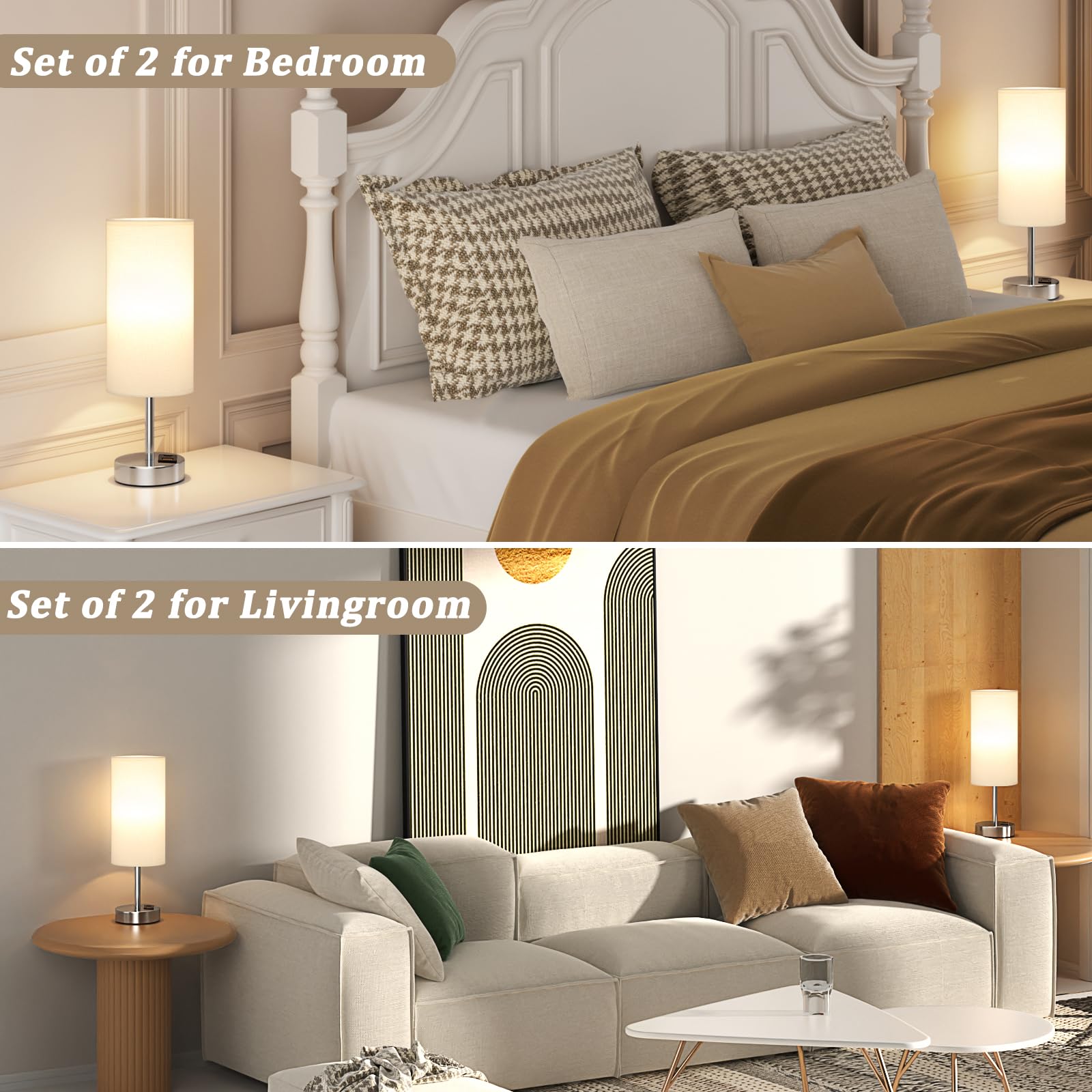 Set di 2 lampade da comodino per camera da letto, lampada touch per comodino con porte di ricarica USB-A+C, 3 vie, dimmerabile, piccola, lampada da scrivania bianca per ufficio, dormitorio, soggiorno